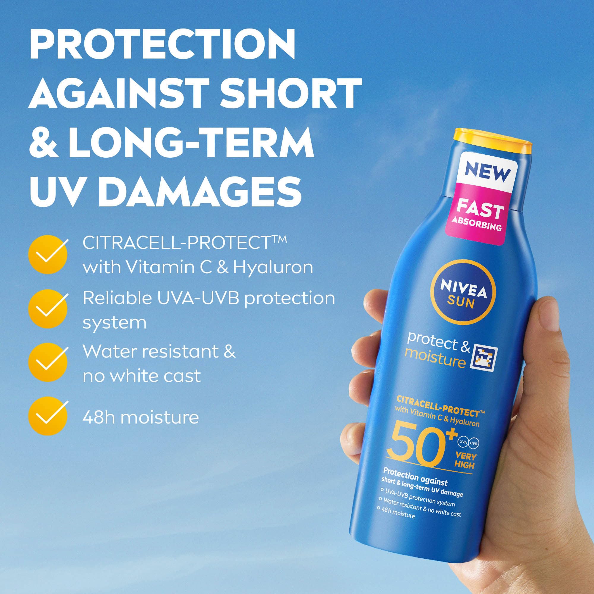 NIVEA SUN Protect & Moisture Sun Lotion SPF 30 (200 ml), Suncream with Vitamin C and Hyaluron, Provides 48H Moisture & Immediate UVA & UVB Protection, Fast-Absorbing No White Cast Formula