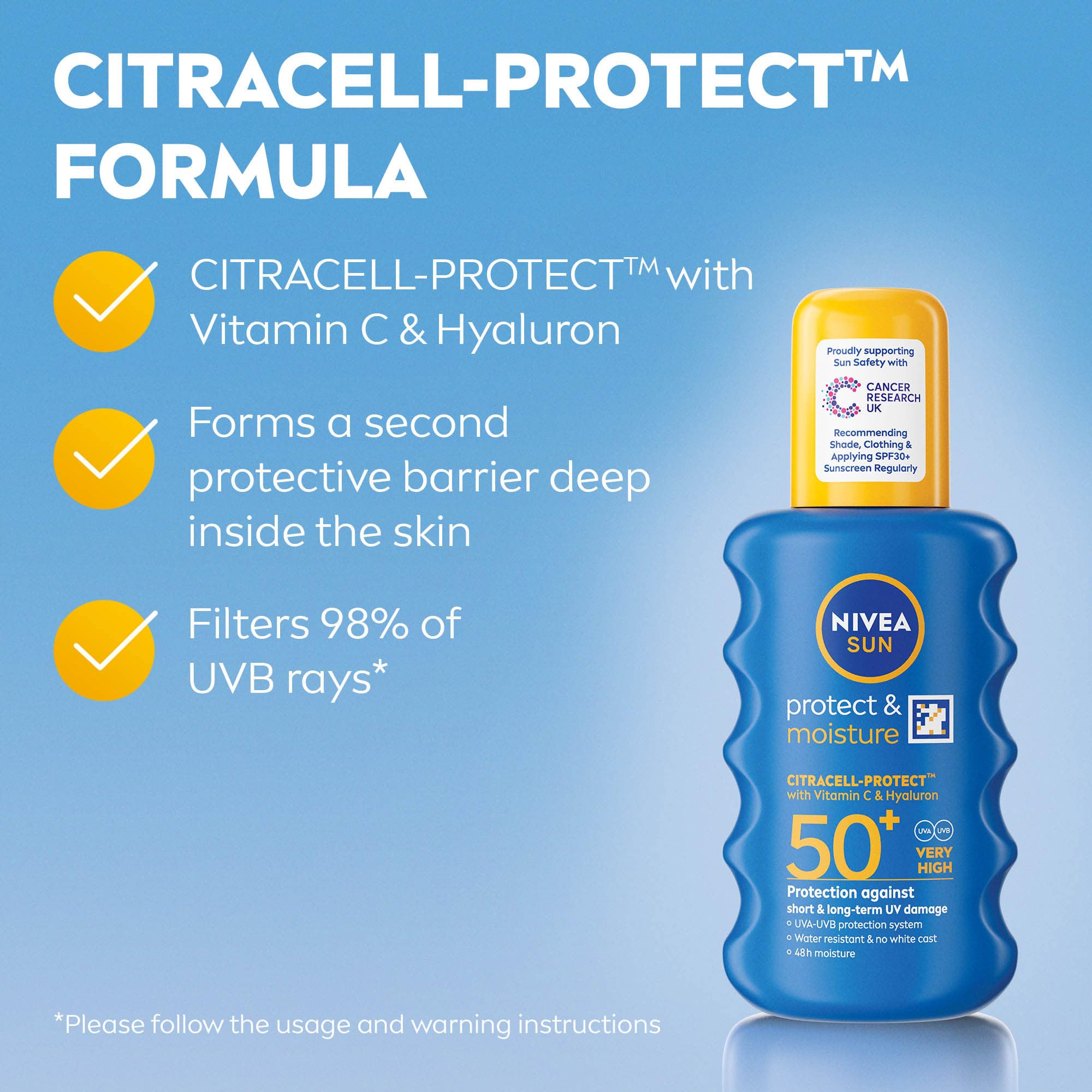 NIVEA SUN Protect & Moisture Sun Spray SPF 50+ (200ml), Moisturising Suncream Spray with Vitamin C and Hyaluron, Immediate UVA/UVB Protection, Fast-Absorbing No White Cast Formula