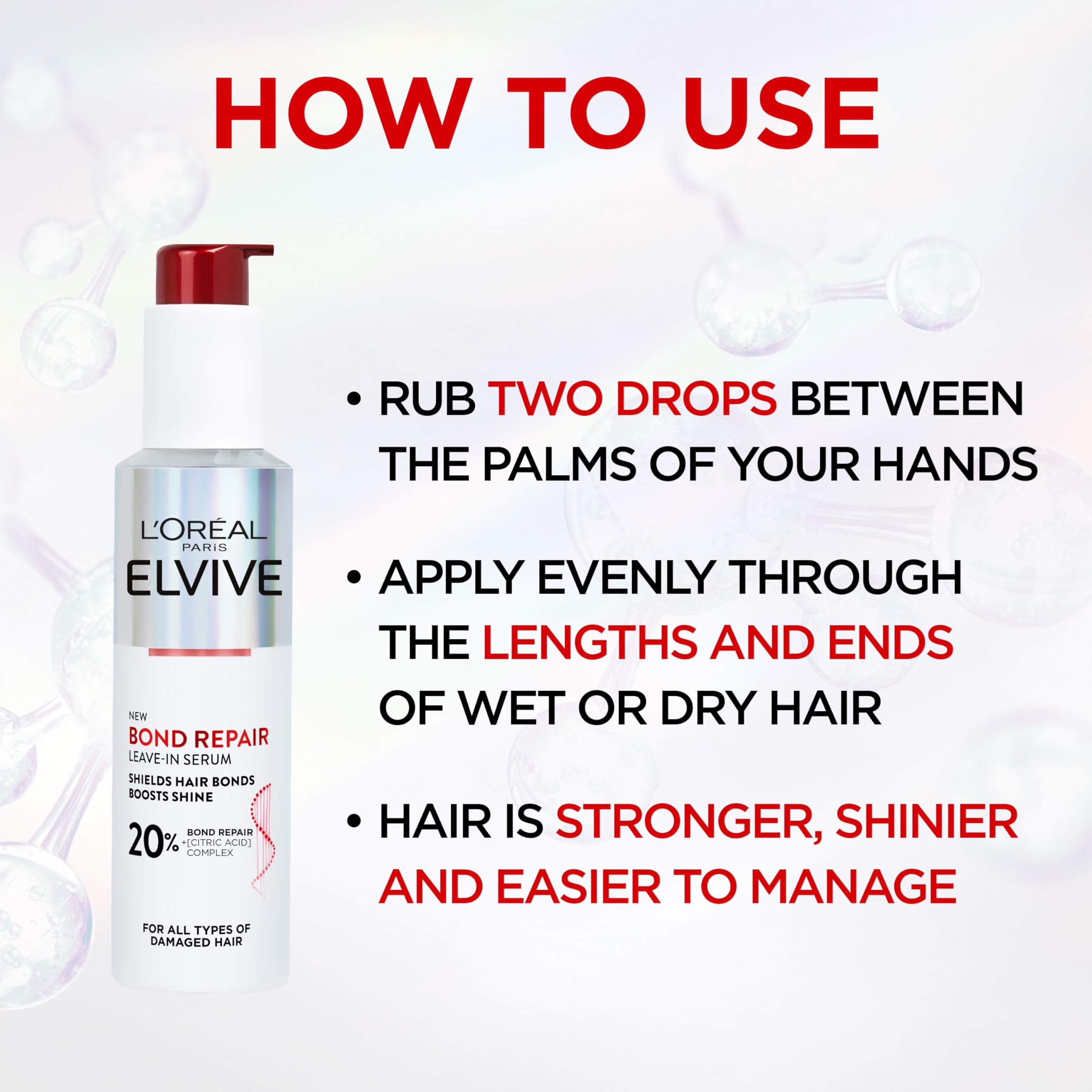 L'Oréal Paris Elvive Bond Repair Leave-In Serum, with Citric Acid Complex, for Stronger Hair, Heat Protection, 12x Less Split-Ends, 98% Stronger, 82% More Shine for Damaged Hair, 150ml