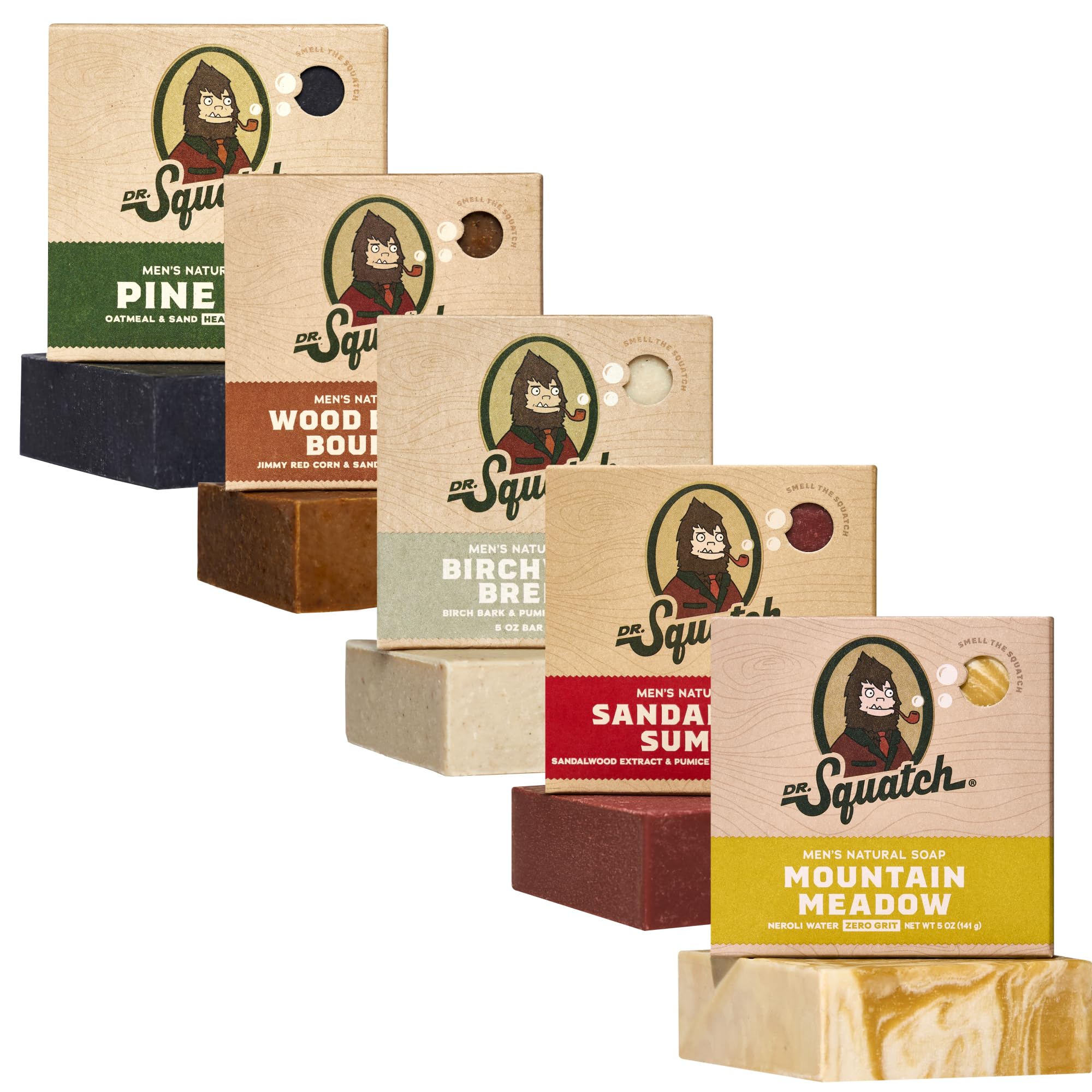 Dr. Squatch Natural Men’s Bar Soap - Cold Process Body Soap Bar with Natural Oils - Gifts for Men - Deep Sea Goat's Milk, Wood Barrel Bourbon, Rainforest Rapids, Alpine Sage & Bay Rum (5 oz, 5-Pack)