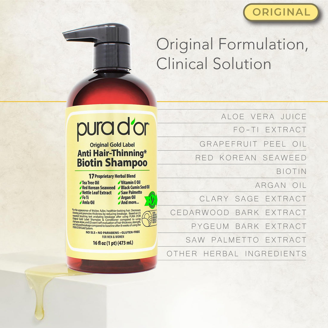 PURA D'OR Anti-Thinning Biotin Shampoo and Conditioner Natural Earthy Scent, CLINICALLY TESTED Effective Results, Herbal Blend Thickening Products For Women & Men, Original Gold Label Set, 16oz x2 | Deep Moisturizing, Conditioner, CLINICALLY TESTED, Effec Halalzen