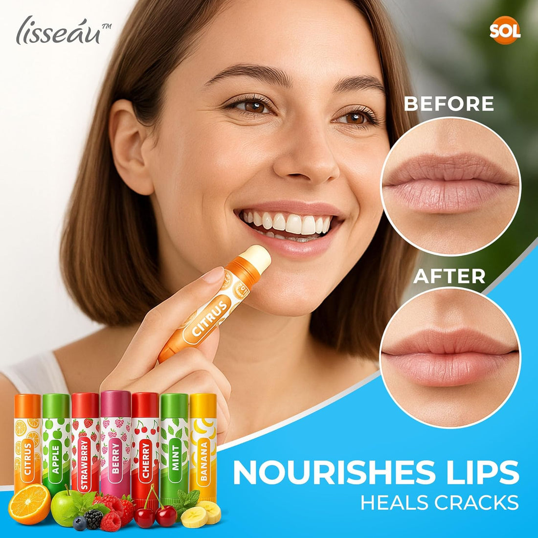 SOL 7pk Womens Lip Balm Set Flavoured Moisturiser for with Beeswax & Vitamin E - Fruit Lipbalm for Girls and Teens, Moisturising Balms Multipack Sticks for Dry and Chapped Lips for Daily Use & Gifting Halalzen