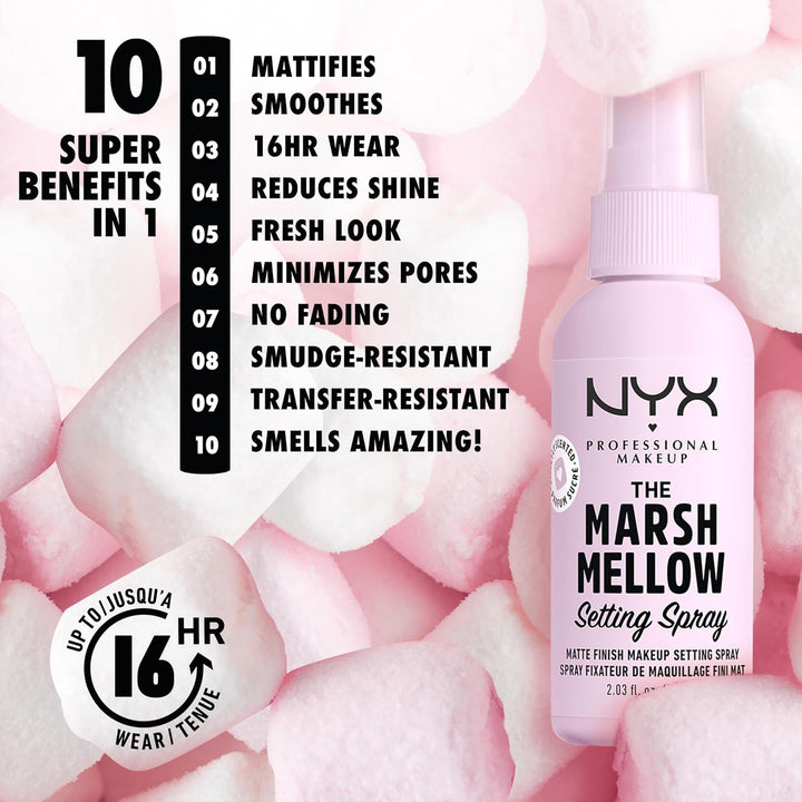 NYX Professional Makeup Setting Spray, Marshmellow Matte Setting Spray, Up to 16 Hour Wear, Smudge-Resistant, Transfer-Resistant, Mattifying and Smoothing, 60ml Halalzen