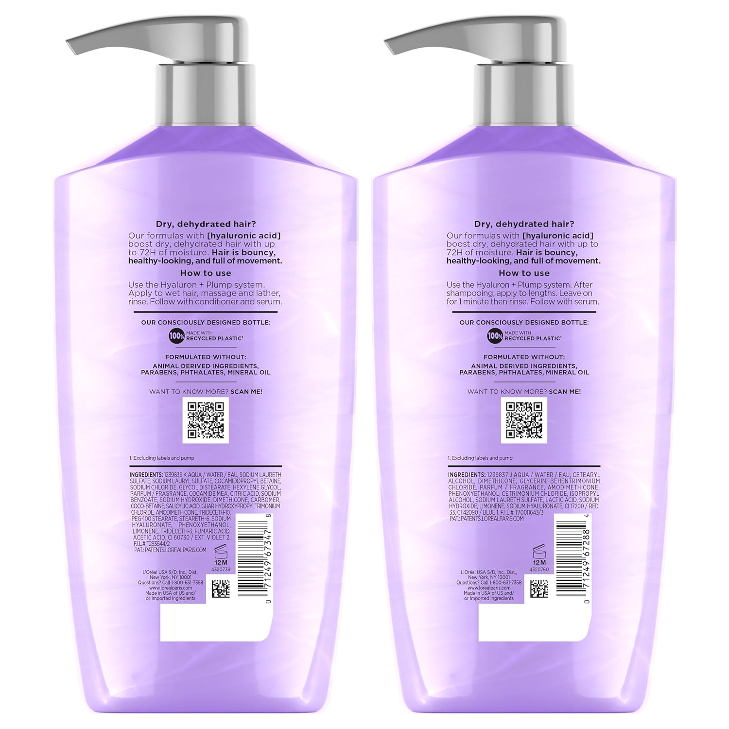 L'Oreal Paris Elvive Hyaluron Plump Shampoo and Conditioner Set for Dehydrated, Dry Hair with Hyaluronic Acid Care Complex, 1 Kit (2 Products) Halalzen