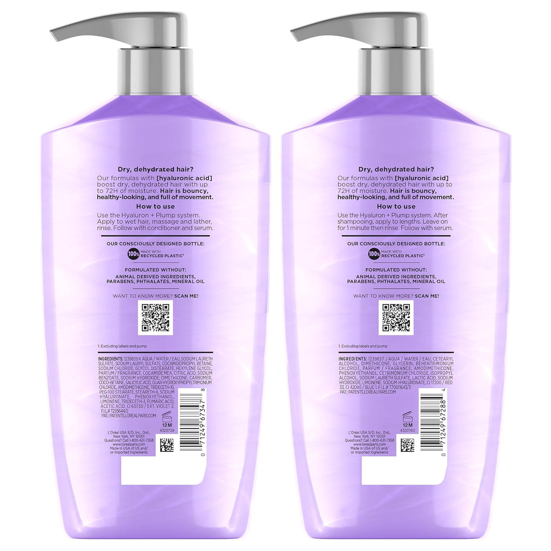 L'Oreal Paris Elvive Hyaluron Plump Shampoo and Conditioner Set for Dehydrated, Dry Hair with Hyaluronic Acid Care Complex, 1 Kit (2 Products) Halalzen