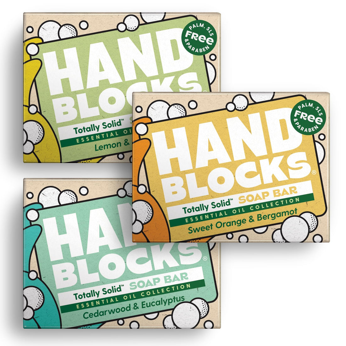 Hand Blocks: Mixed 3 Pack with Essential Oils - Cold Processed Natural Soap Bars - Plastic, Palm, SLS, SLES & Paraben Free Halalzen