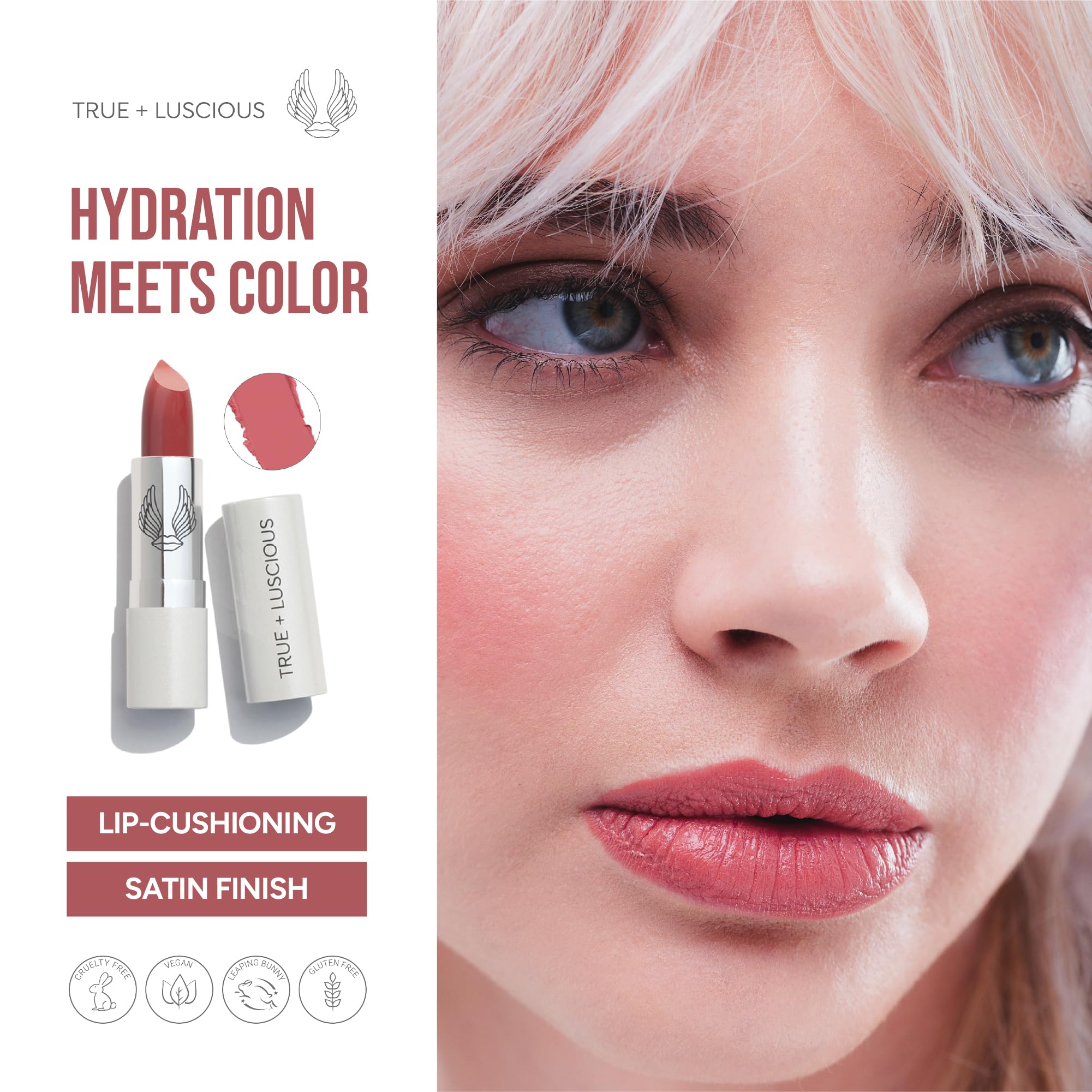 True + Luscious Super Moisture Lipstick | Sheer Cream Lip Color for Lasting Hydration | Hyaluronic Acid Konjac Root Powder | Vegan Cruelty-Free Gluten-Free Flatters All Skin Tones | Pink Sugar