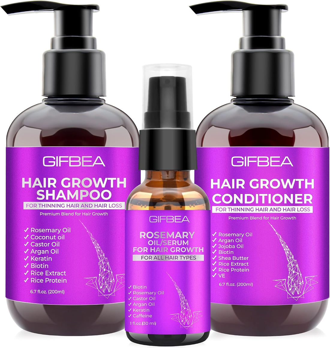 GIFBEA Hair Growth Shampoo and Conditioner Set with Rosemary Oil Serum, Biotin, Argan, Castor, Coconut, Keratin, Rice Water - Hair Loss Treatment, Thickening for Women and Men