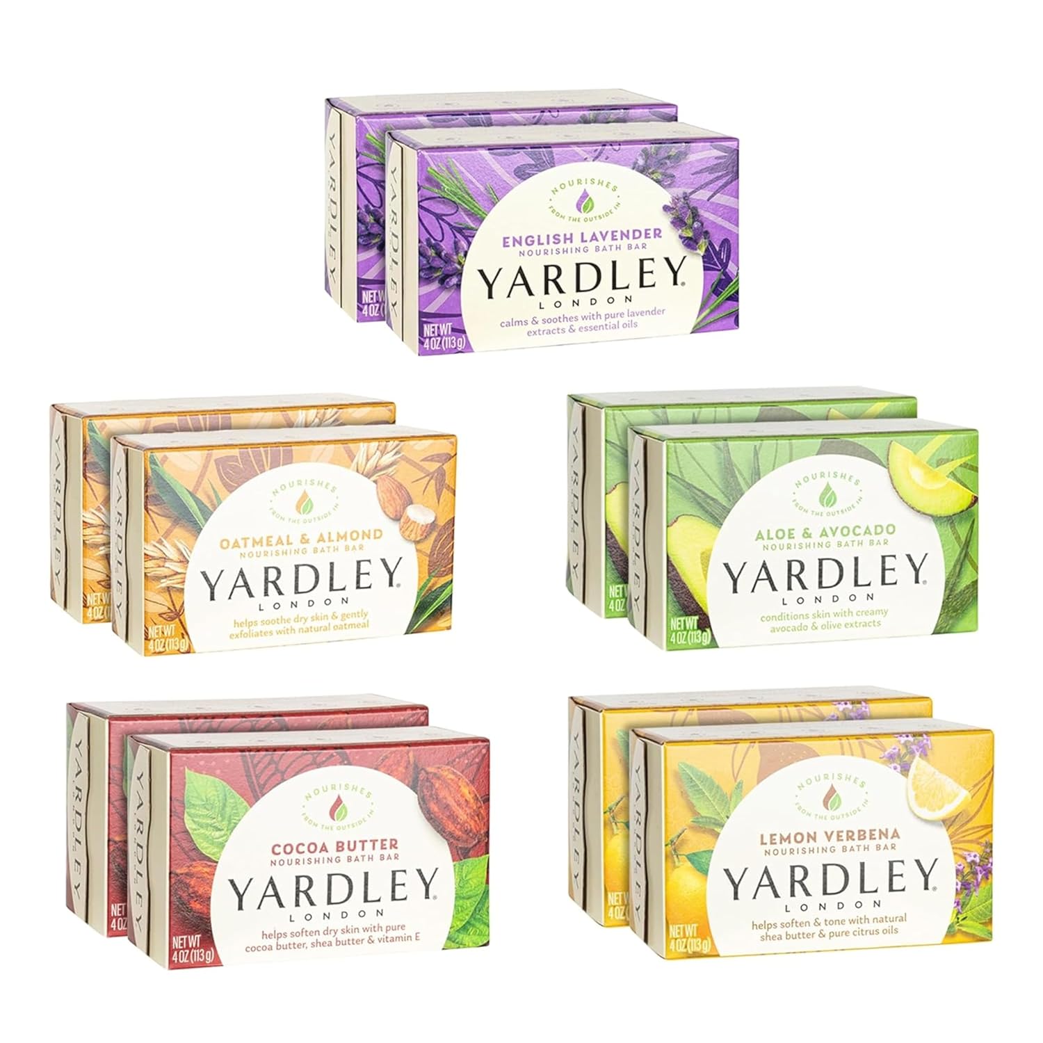 Yardley London Seifenbadriegel-Paket - 10 Riegel: English Lavender, Hafer und Mandel, Aloe und Avocado, Kakaobutter, Zitronenverbene 4,25 Unzen Riegel (10er-Pack, je zwei Stück)