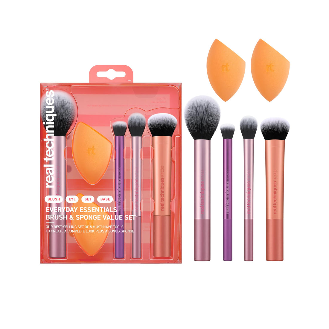 Real Techniques Everyday Essentials + Makeup Sponge Kit for foundation, blush, bronzer, eyeshadow, powder, synthetic, cruelty-free tools and blender for flawless looks, 5 Piece Set Halalzen