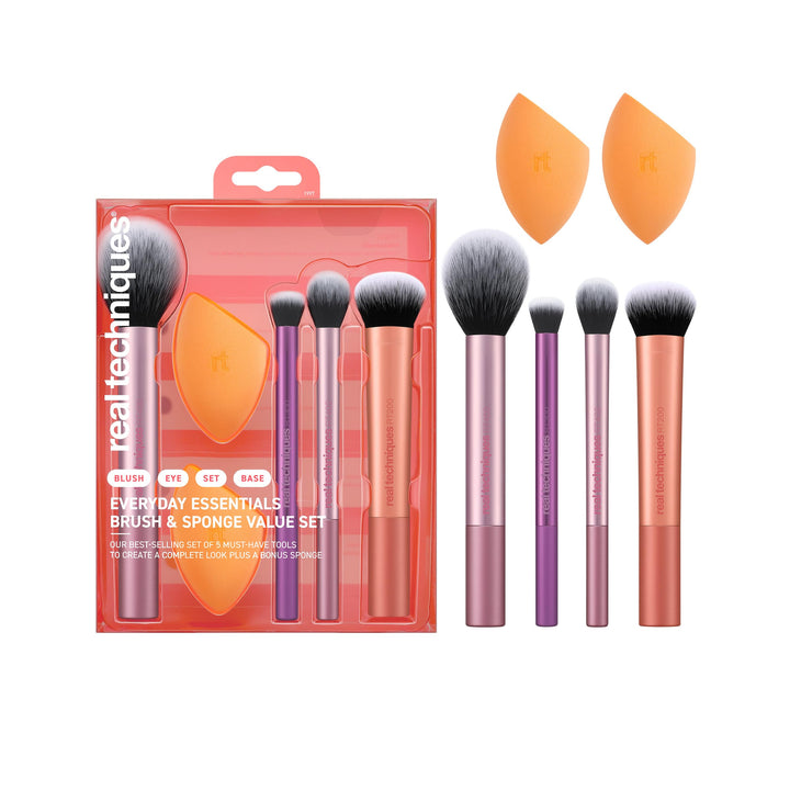 Real Techniques Everyday Essentials + Makeup Sponge Kit for foundation, blush, bronzer, eyeshadow, powder, synthetic, cruelty-free tools and blender for flawless looks, 5 Piece Set Halalzen