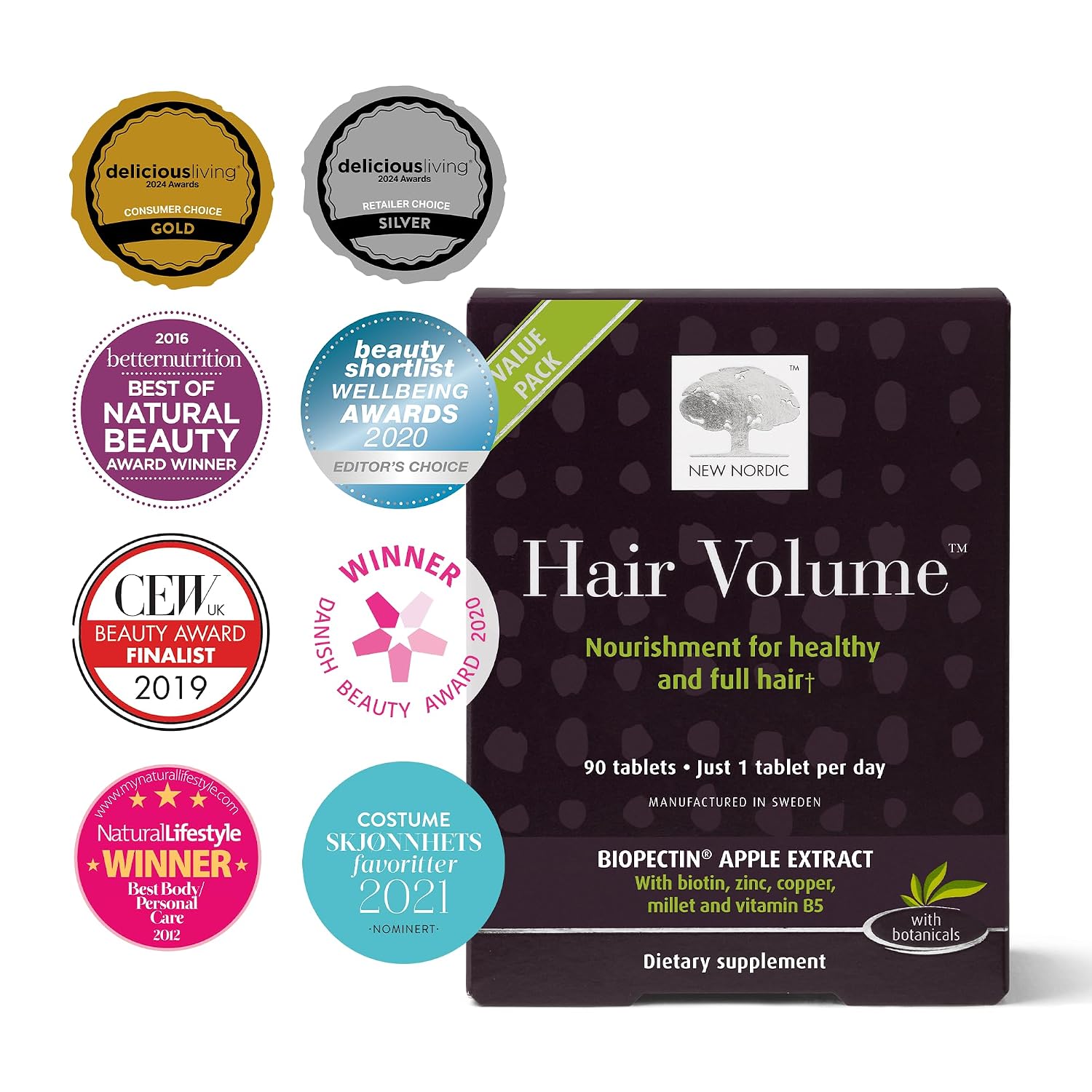 New Nordic Hair Volume 90 Tablets - Clinically Proven Growth Vitamins - Biotin, Zinc & Apple - for Women & Men