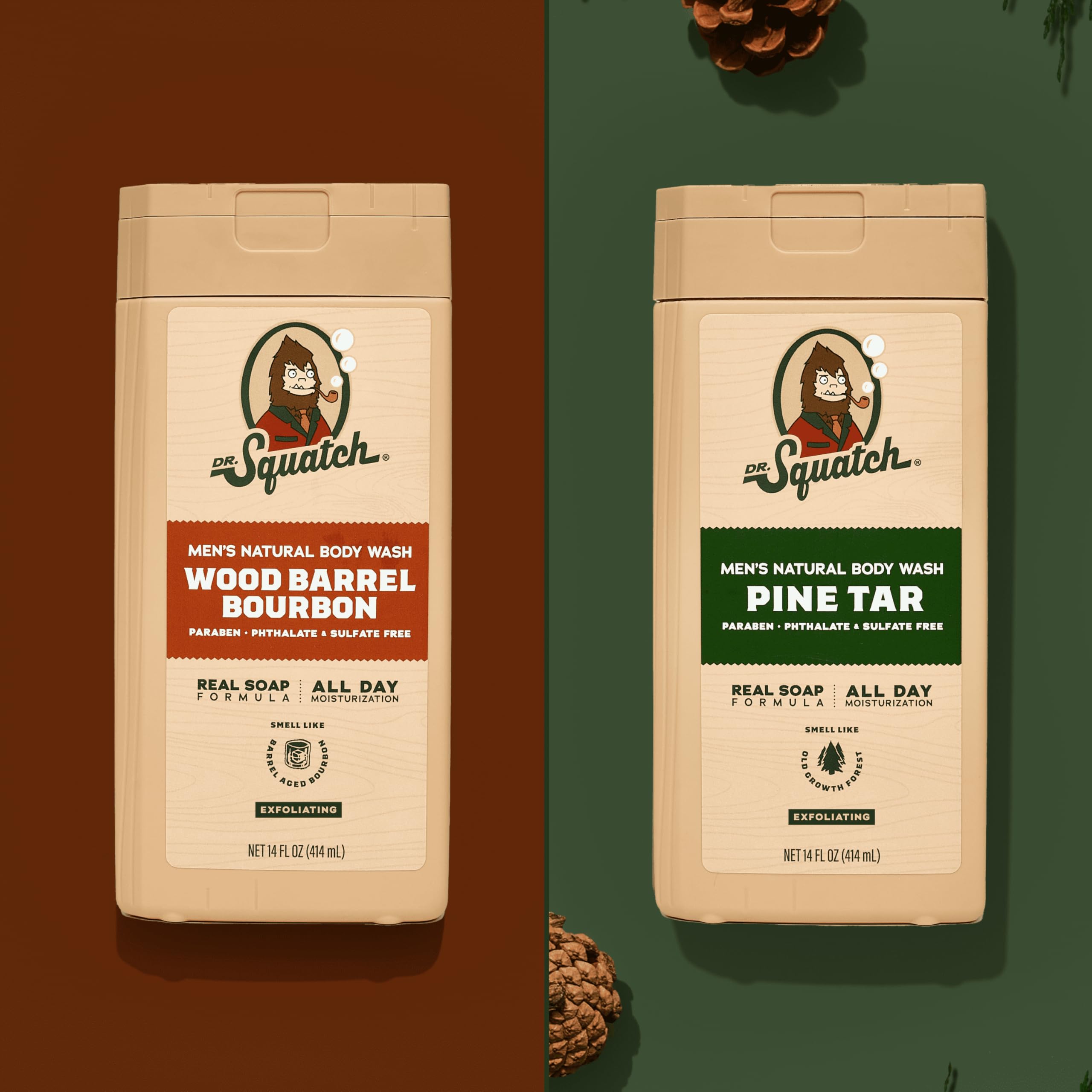 Dr. Squatch Natural Men's Body Wash Shower Gel - Cleansing, Nourishing, Long Lasting Scent, Moisturizing Body Wash for Men - Coconut Castaway + Wood Barrel Bourbon (14 oz, 2-Pack)