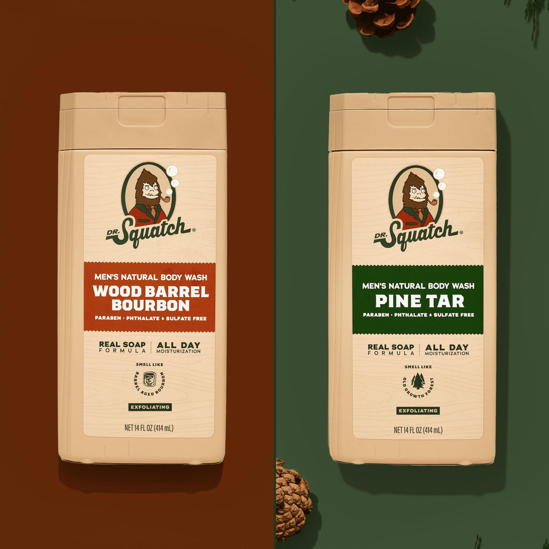 Dr. Squatch Natural Men's Body Wash Shower Gel - Cleansing, Nourishing, Long Lasting Scent, Moisturizing Body Wash for Men - Coconut Castaway + Wood Barrel Bourbon (14 oz, 2-Pack)