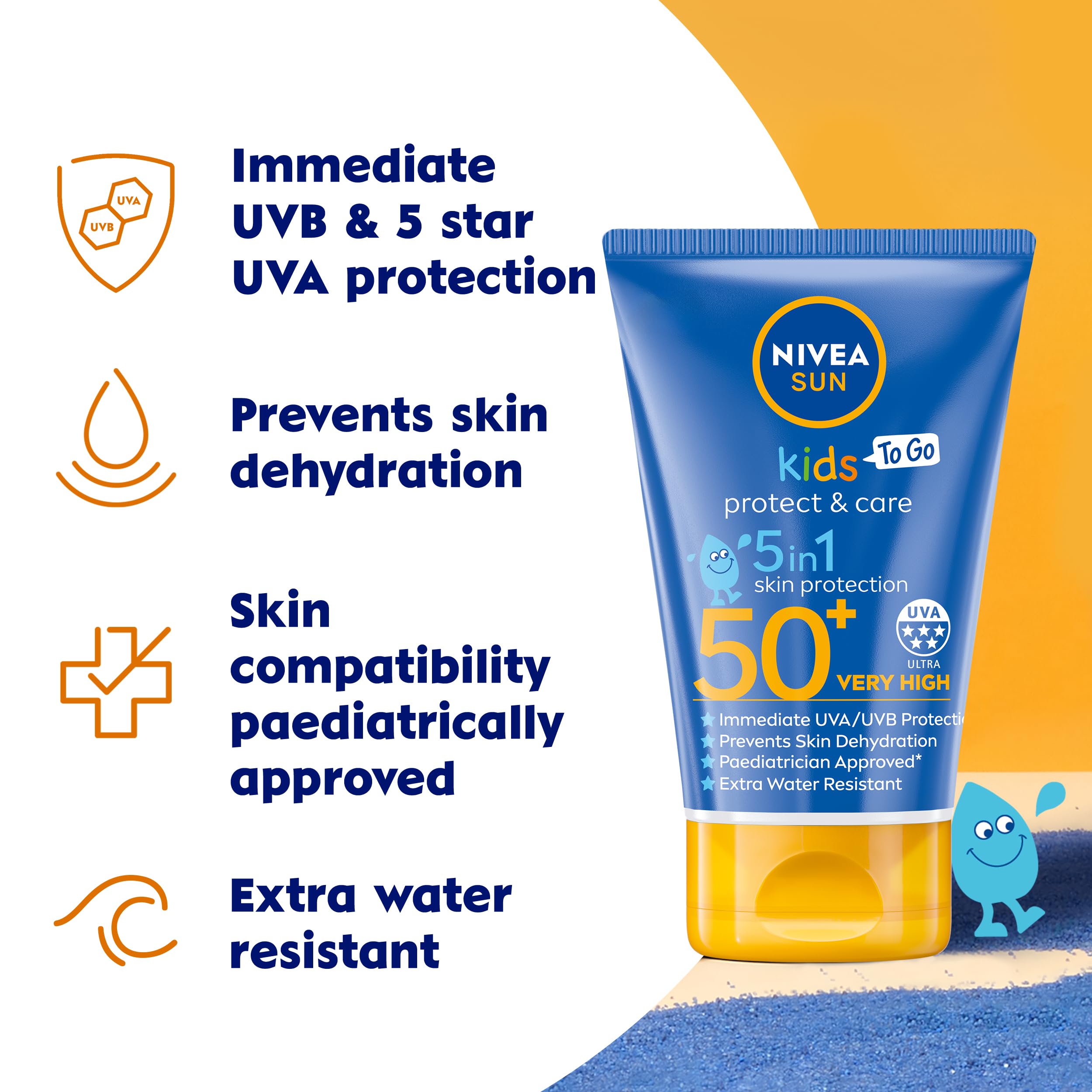 NIVEA Sun Kids Protect & Care To Go SPF 50+ Lotion (50ml), Moisturising Kids Sun Cream Immediately Protects Delicate Skin Against Sunburn and Long-Term UV Damage, Fast-Absorbing No White Cast Formula