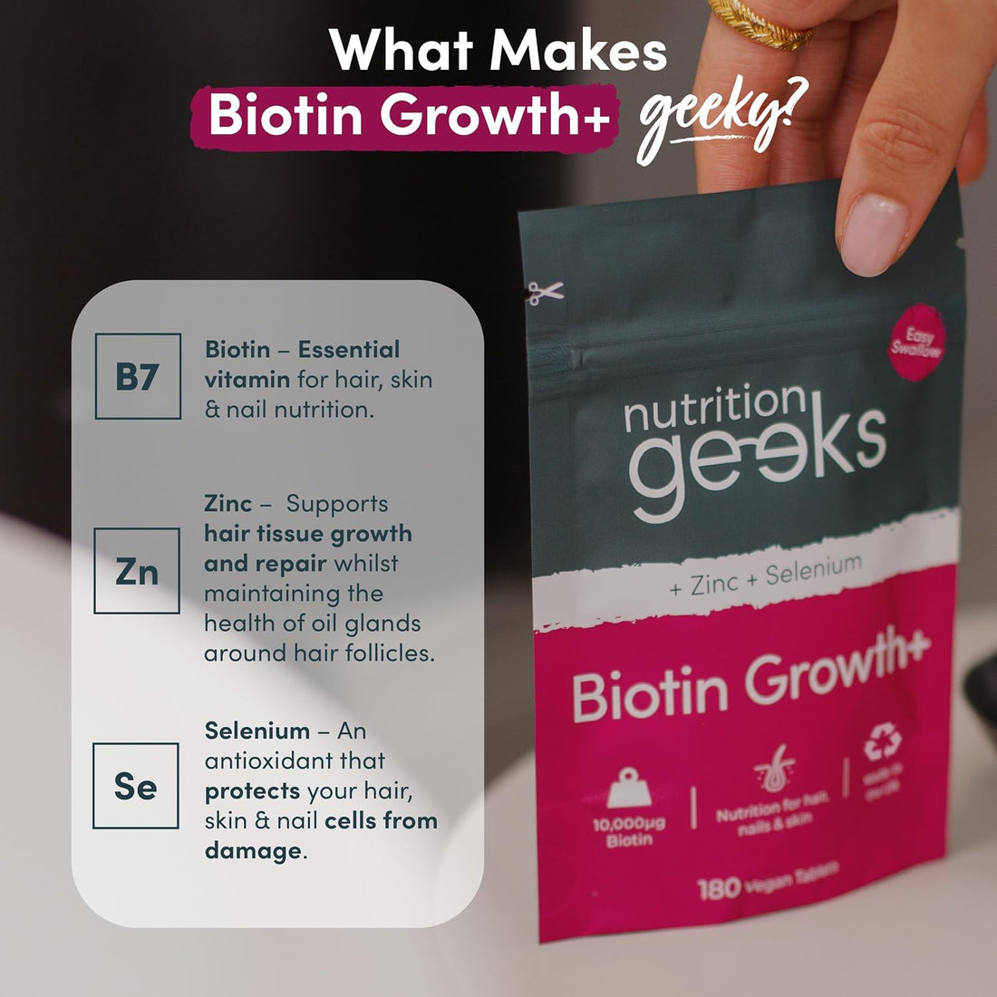 Biotin Hair Growth Supplement - 180 Vegan Tablets Enhanced with Zinc & Selenium, Hair Vitamins Complex - Biotin 10000 mcg - Hair Skin and Nails Vitamins for Women & Men UK (Packaging Design May Vary) Halalzen