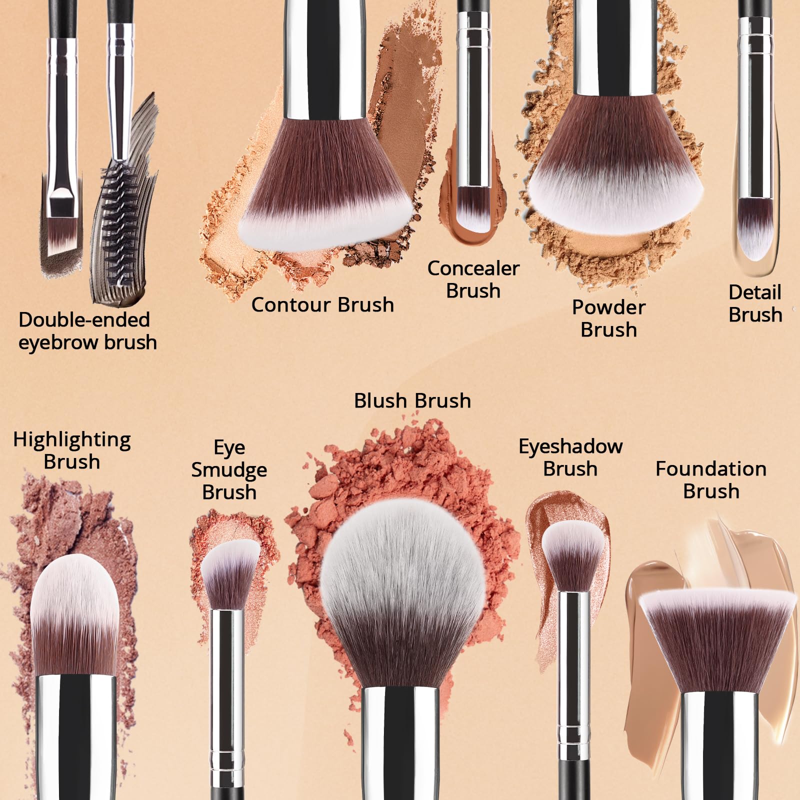 BEAKEY Diversity Makeup Brushes 12 Pcs Makeup Kit, Premium Synthetic Kabuki Foundation Face Powder Concealer Eyeshadow Blush Set, with 2 Pcs Blender Sponges (Black/Silver) Halalzen