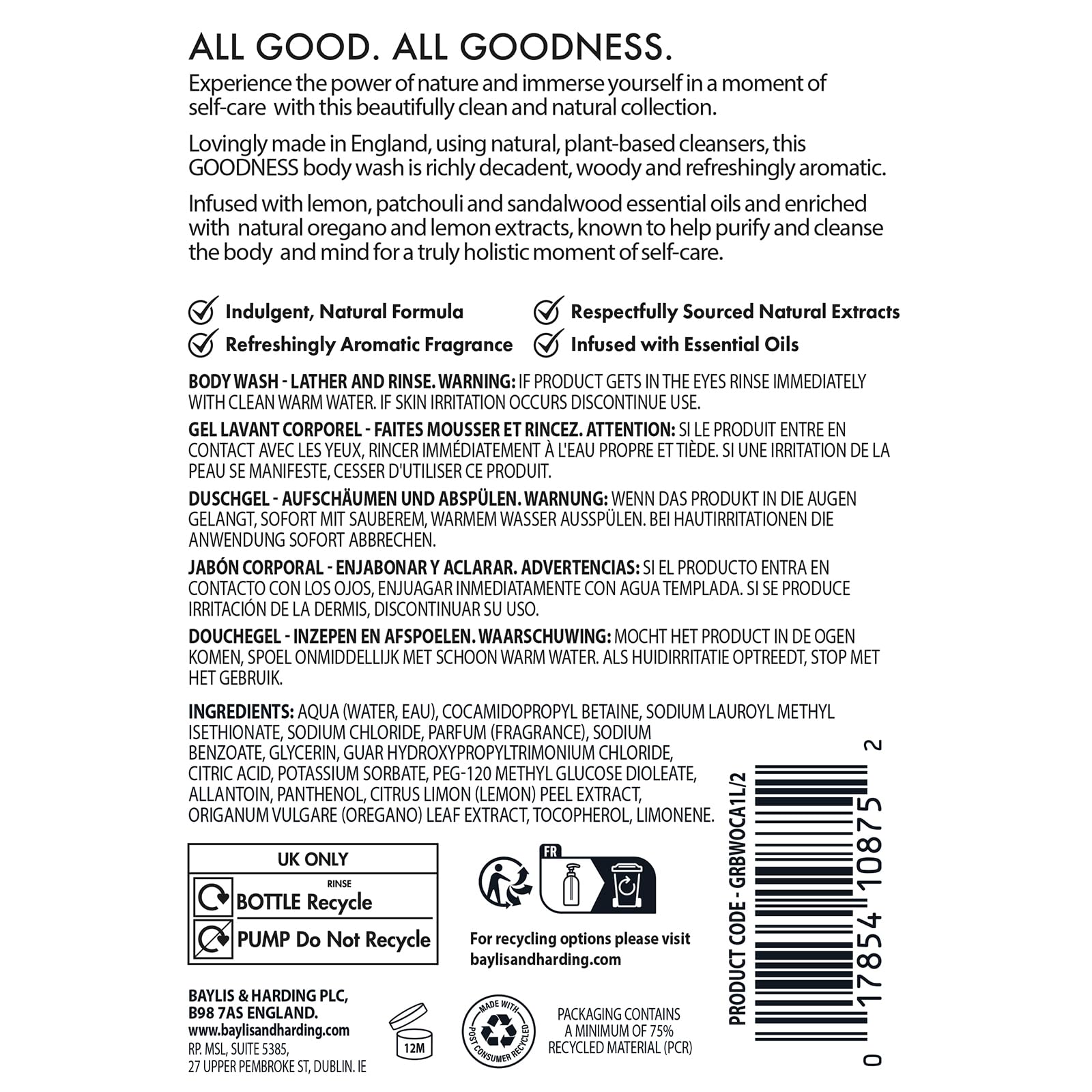 Baylis & Harding Goodness Oud, Cedar and Amber Body Wash, 500 ml (Pack of 3) - Vegan Friendly