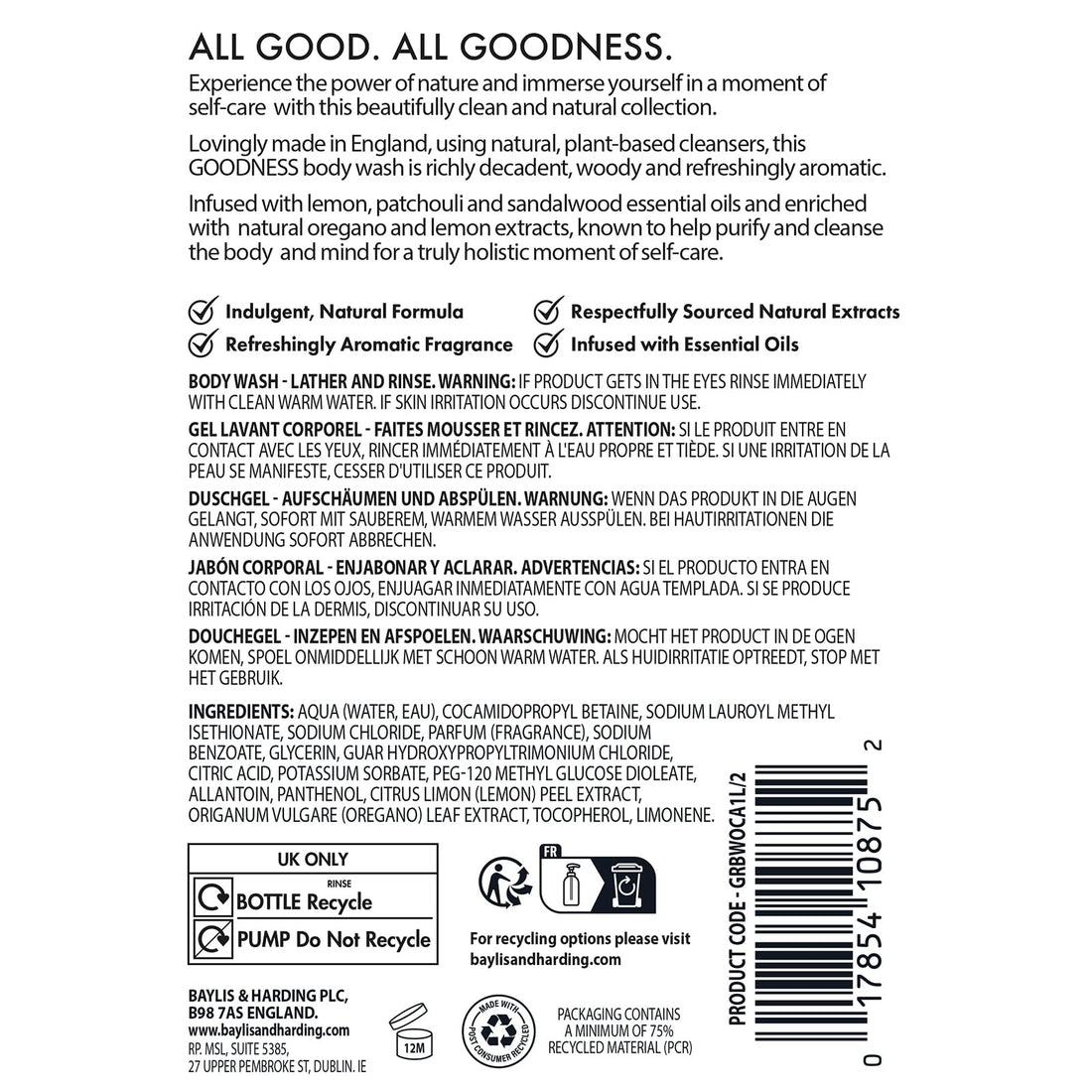 Baylis & Harding Goodness Oud, Cedar and Amber Body Wash, 500 ml (Pack of 3) - Vegan Friendly