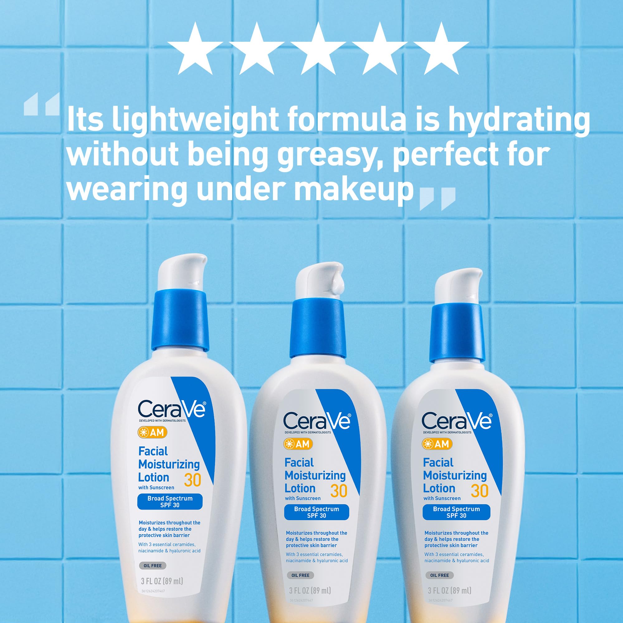 CeraVe AM Facial Moisturizing Lotion with SPF 30, Oil-Free Face Moisturizer with SPF, Formulated with Hyaluronic Acid, Niacinamide & Ceramides, Non-Comedogenic, Broad Spectrum Sunscreen, 3 Ounce Halalzen