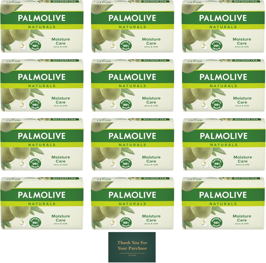 Palmolive Naturals Soap Bar Moisture With Olive Milk, Soap Bars (Pack Of 12), Vegan Soap Natural Origin Biodegradable Soap For Body Hands And Face, With Treseida Thank You Card Halalzen