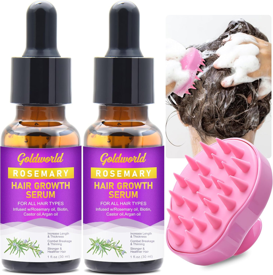 Rosemary Oil for Hair Growth,Diluted Rosemary Oil with Sclap Massager&Ebook,Hair Growth Oil Serum with Castor Oil Biotin Argan for Dry Damaged Hair,Hair Ingrown Loss Treatments for Women Men