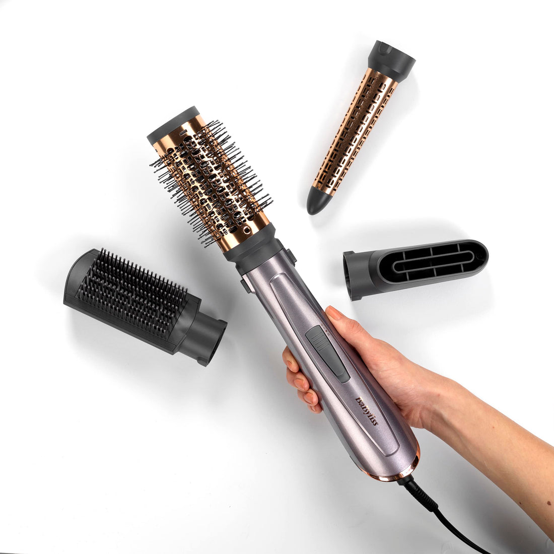 BaByliss Air Styler 1000W - All in One Hair Dryer Brush, Volumiser and Curler, Advanced Ionic Frizz-Control System, 4 Attachments, Copper/Grey, 2136U Halalzen