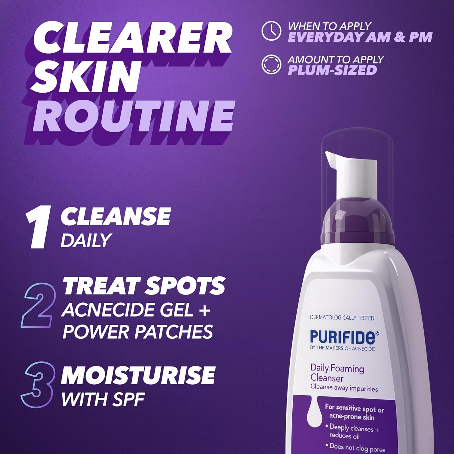 Purifide by Acnecide Daily Cleanser Foaming Acne Face Wash for Spot Prone Skin & Blemish Control, For Women and Men, 235ml, Packaging may vary