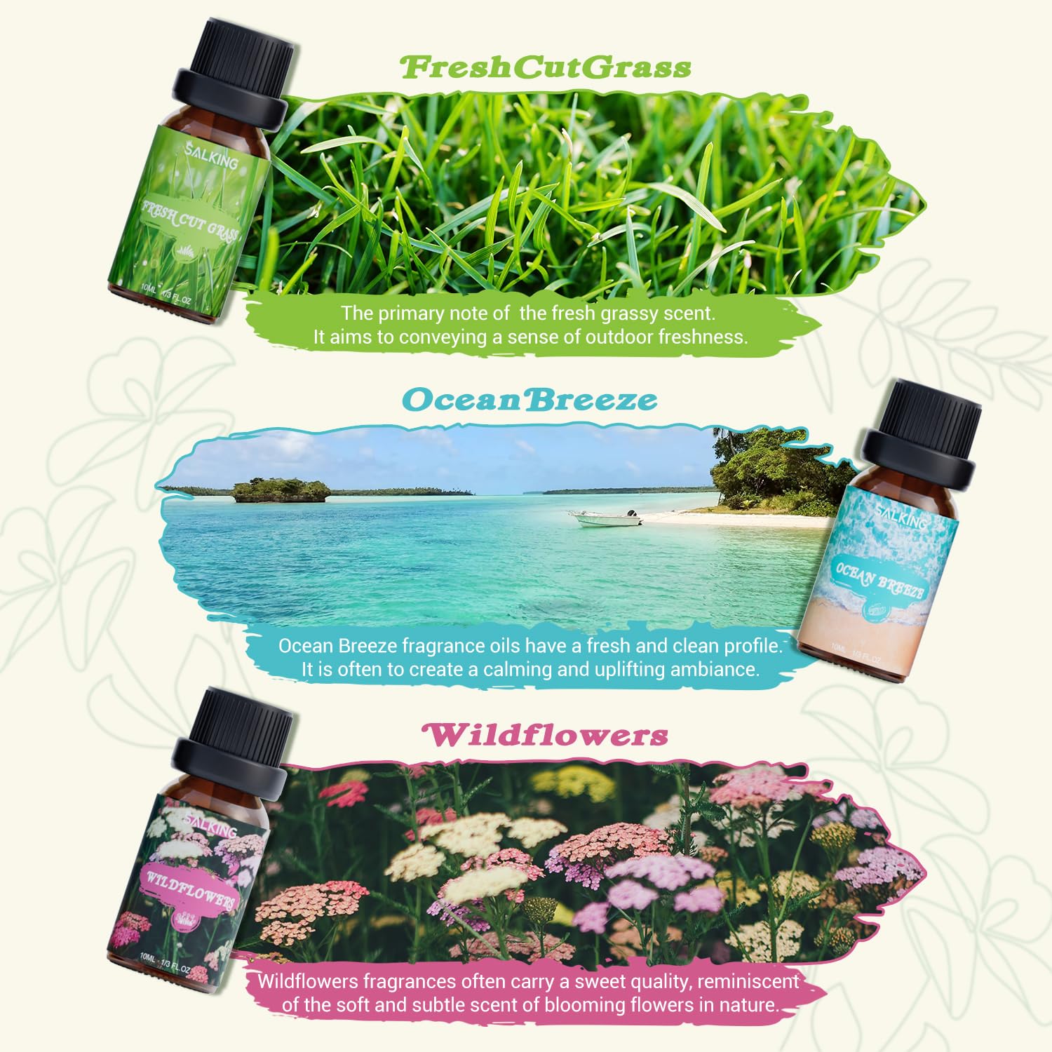 SALKING Essential Oils Set, 100% Pure Fragrance Oil AromatherapyGift, Premium Scented Oils for Diffusers 6 x 10 ML - Lavender, Rose, Jasmine, Cherry Blossom, Gardenia, Chamomile, Pink