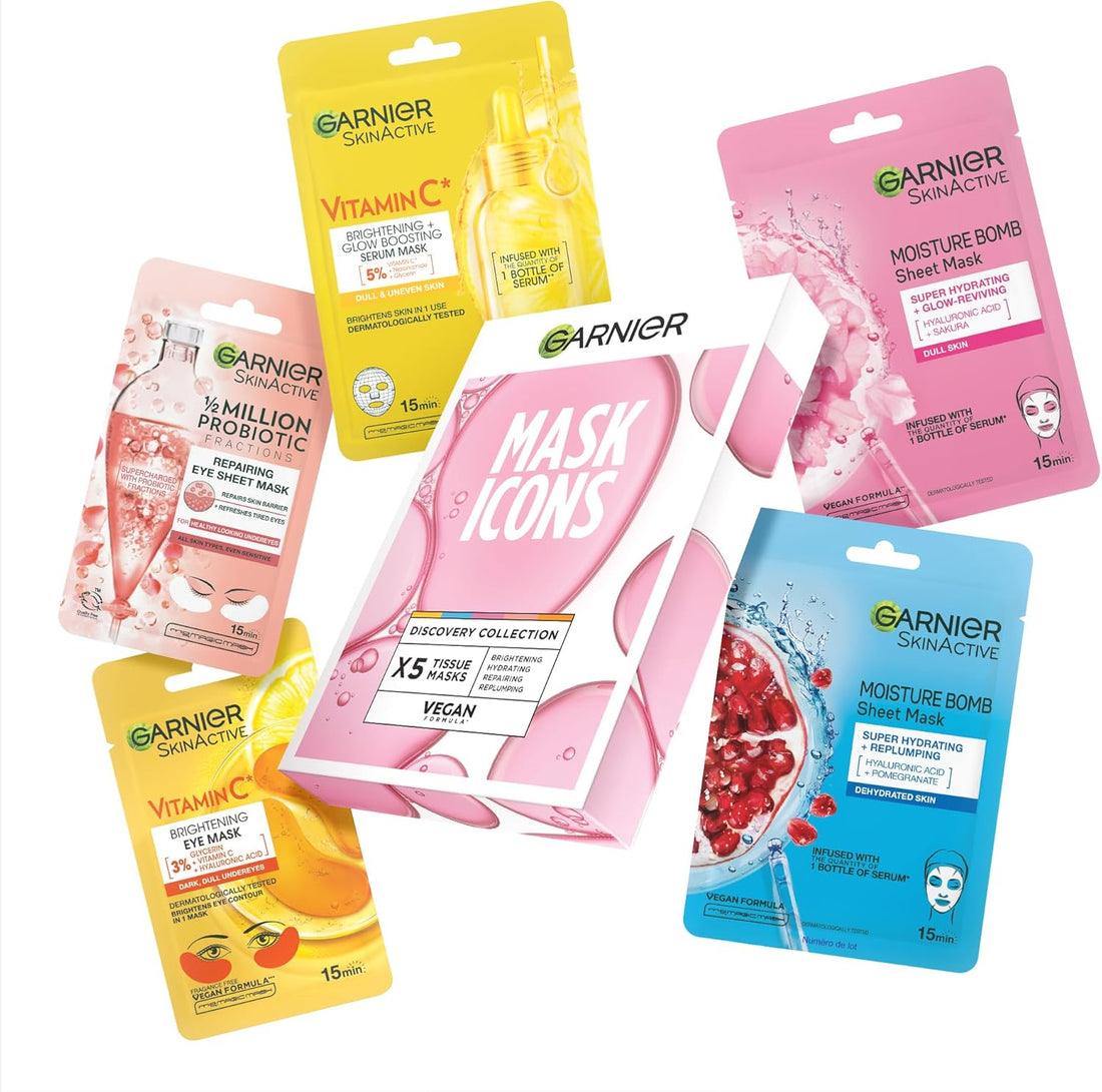 Garnier Mask Icons Discovery Collection - Face & Eye Sheet Masks Set for Dehydrated, Dull and Tired Skin, includes Vitamin C*, Hyaluronic Acid, Niacinamide - Pack of 5 sheet Masks