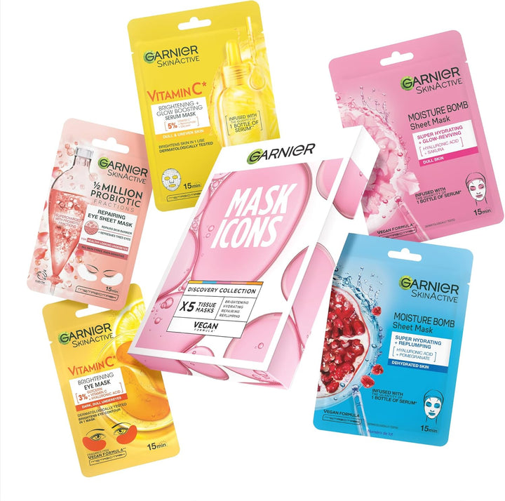 Garnier Mask Icons Discovery Collection - Face & Eye Sheet Masks Set for Dehydrated, Dull and Tired Skin, includes Vitamin C*, Hyaluronic Acid, Niacinamide - Pack of 5 sheet Masks Halalzen