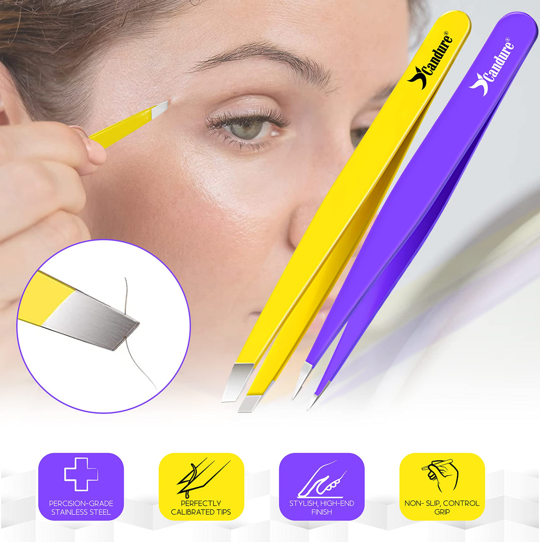 Candure Tweezers for Eyebrows - Professional Stainless Steel Slanted and Pointed Tip Hair Tweezers Set for Ingrown Hair, Blackhead Removal, Eyebrows Plucking Beauty Tool for Women Halalzen