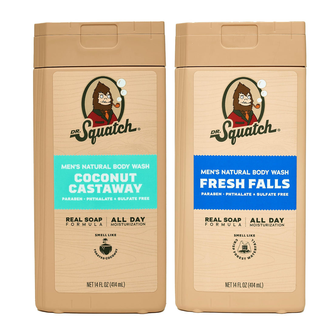 Dr. Squatch Natural Men's Body Wash Shower Gel - Cleansing, Nourishing, Long Lasting Scent, Moisturizing Body Wash for Men - Coconut Castaway + Wood Barrel Bourbon (14 oz, 2-Pack)