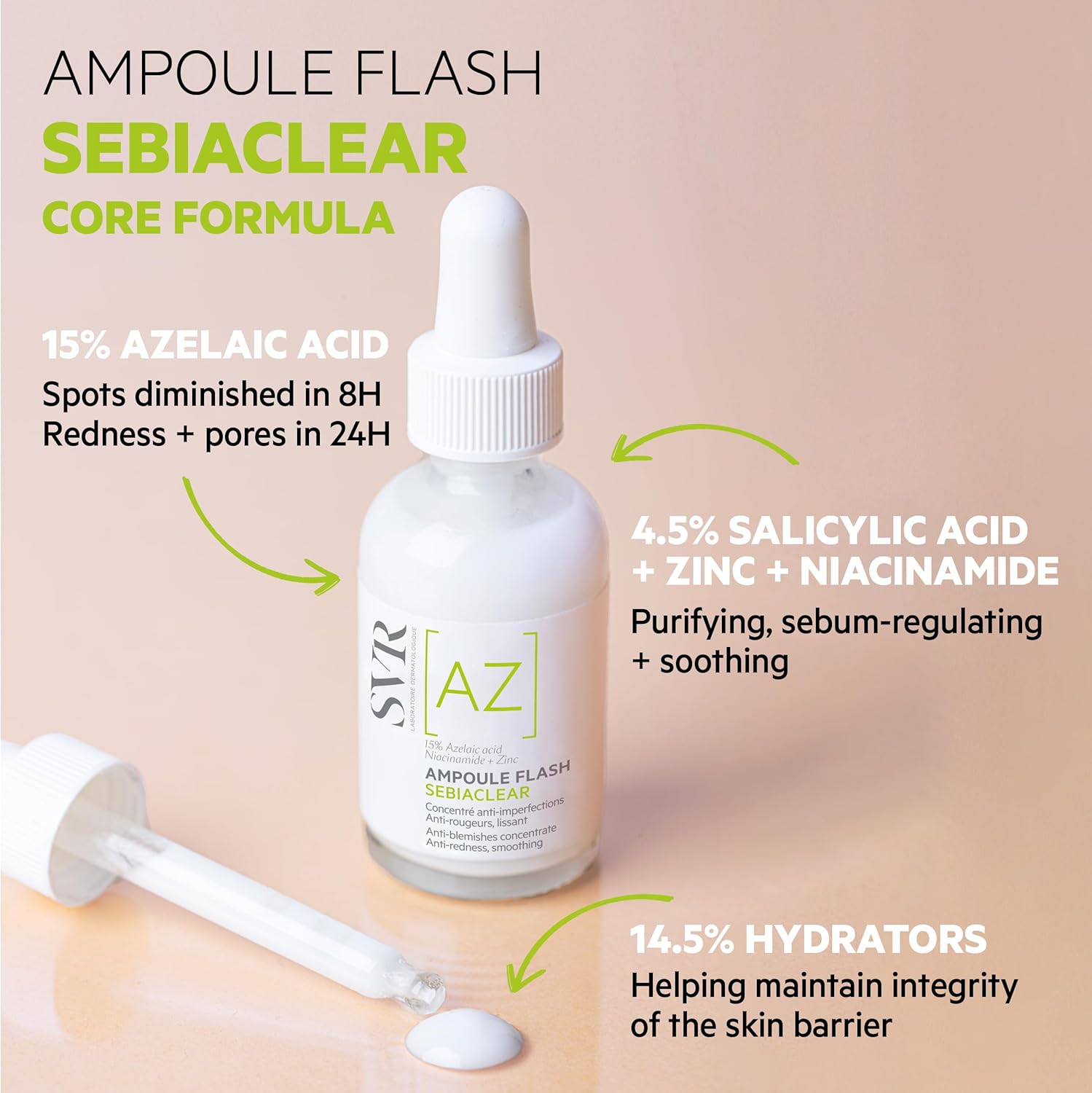 SVR SEBIACLEAR Ampoule [AZ] Flash 15% Azelaic Acid Serum, Retexturises Acne-prone, Oily, Combination Skin. 8% Omega Ceramides + 5% Niacinamide, 30ml