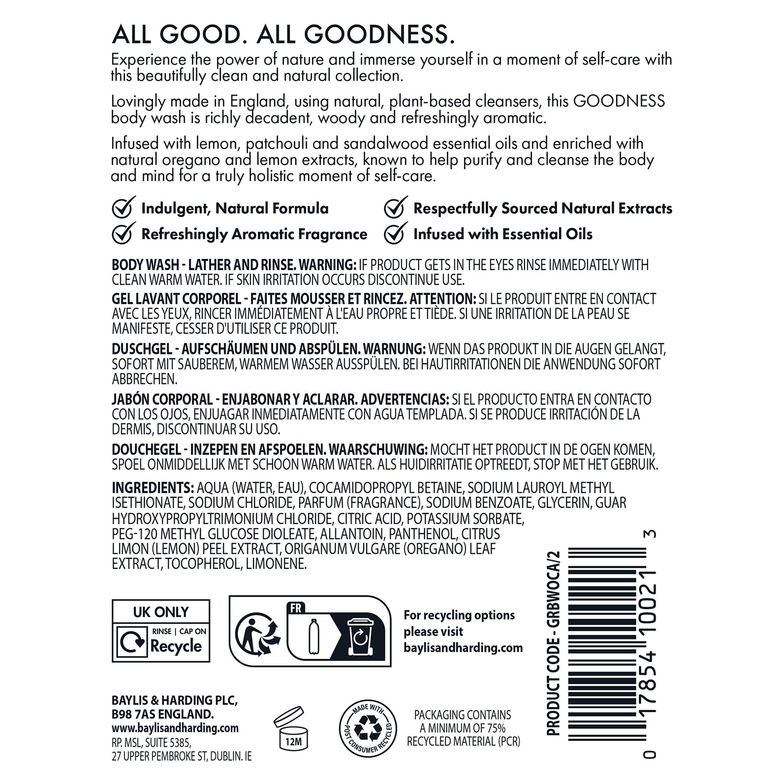 Baylis & Harding Goodness Oud, Cedar and Amber Body Wash, 500 ml (Pack of 3) - Vegan Friendly