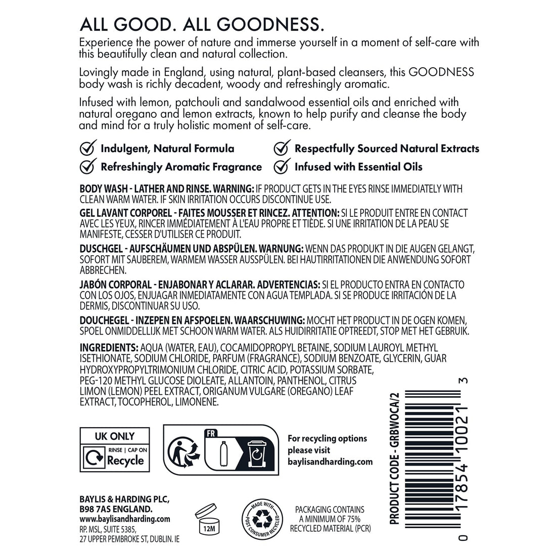 Baylis & Harding Goodness Oud, Cedar and Amber Body Wash, 500 ml (Pack of 3) - Vegan Friendly