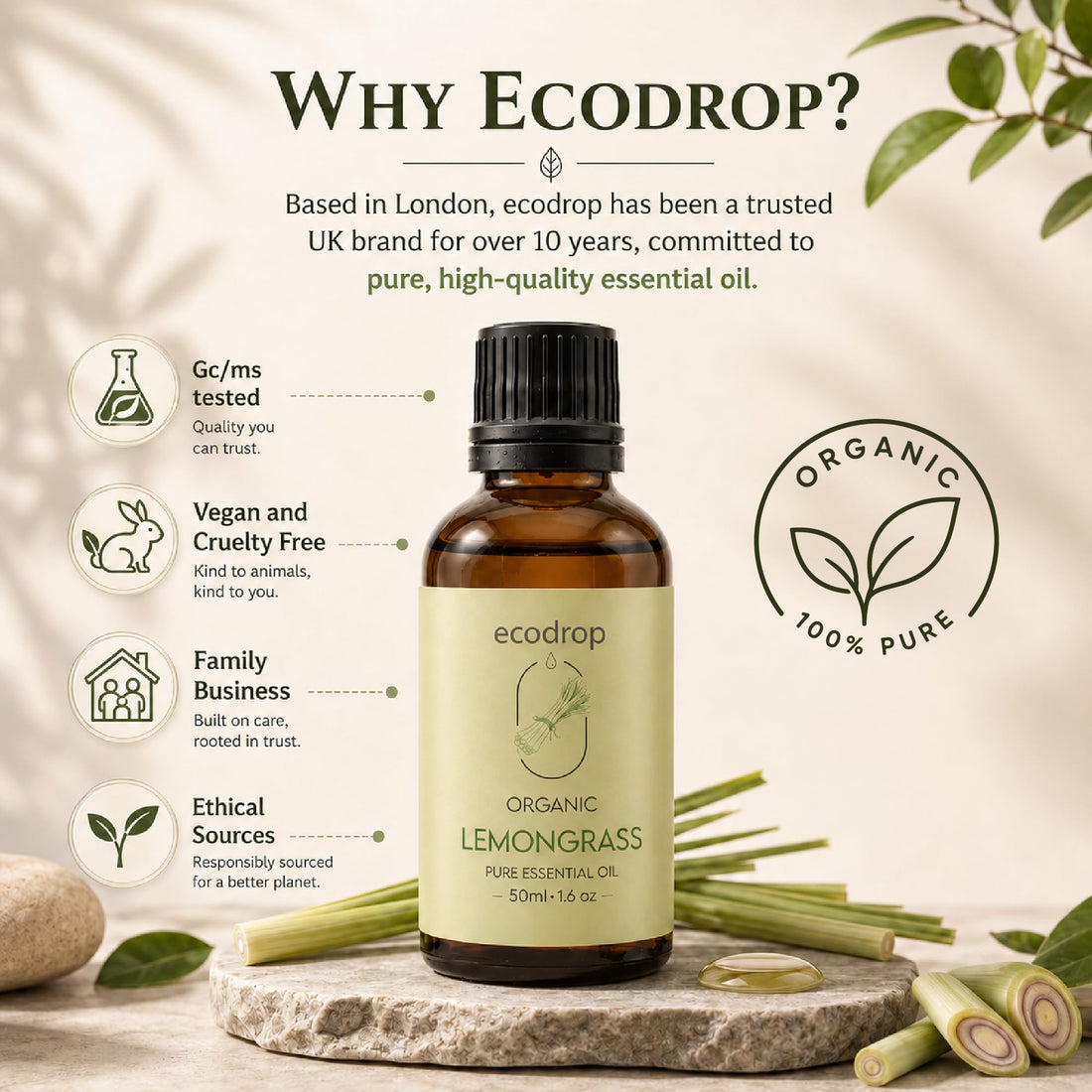 Ecodrop Tea Tree Essential Oil, 10 ml | 100% Pure Organic Steam-Distilled | Melaleuca Alternifolia | Aromatherapy, Diffuser, Massage, Bath, Soap & Candle Making | Australian Fresh Aroma