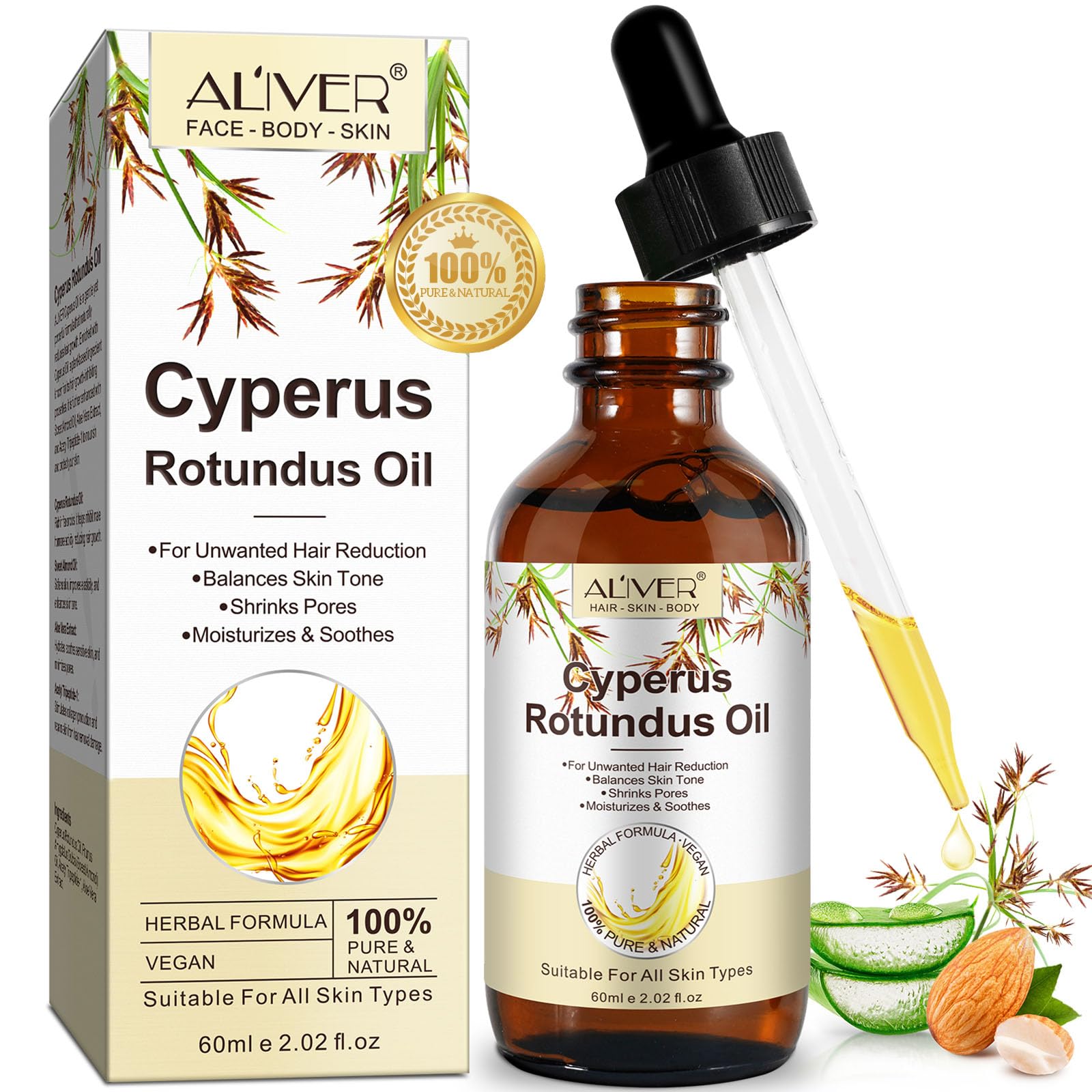 Cyperus Rotundus Oil for Hair Removal, 100% Pure Natural Body and Facial Hair Removal for Women, Reduces Unwanted Hair Growth After Shave, Shrink Pores, Hydrates, Soothes and Repairs Skin