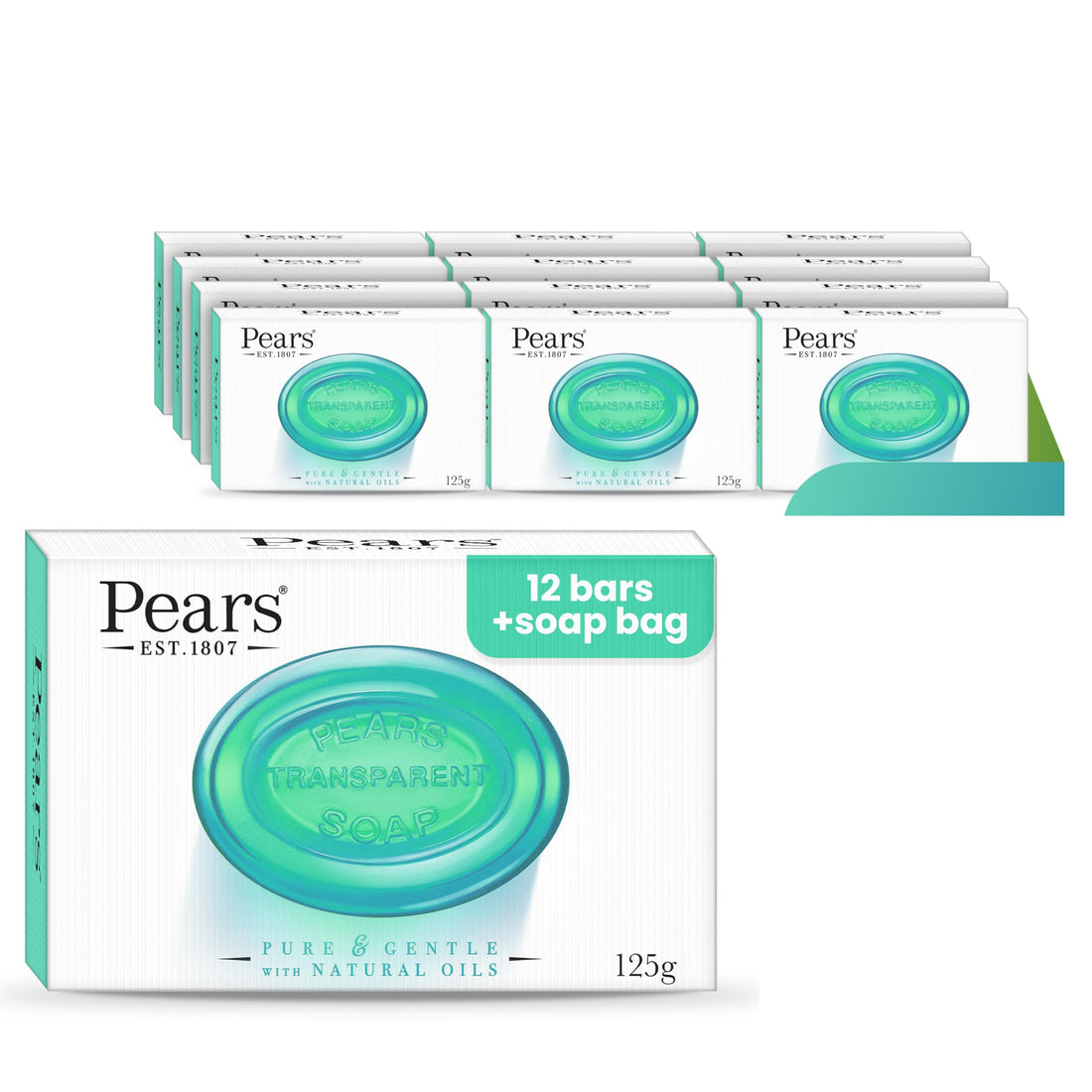 Pears Pure & Gentle Transparent Natural Soap Bar - Made with Mint Extracts, Nourishing and Refreshing Bathing Cleanser, Gentle & Soothing Skin Care, Pure Transparency, Pack of 12 x 125g Halalzen