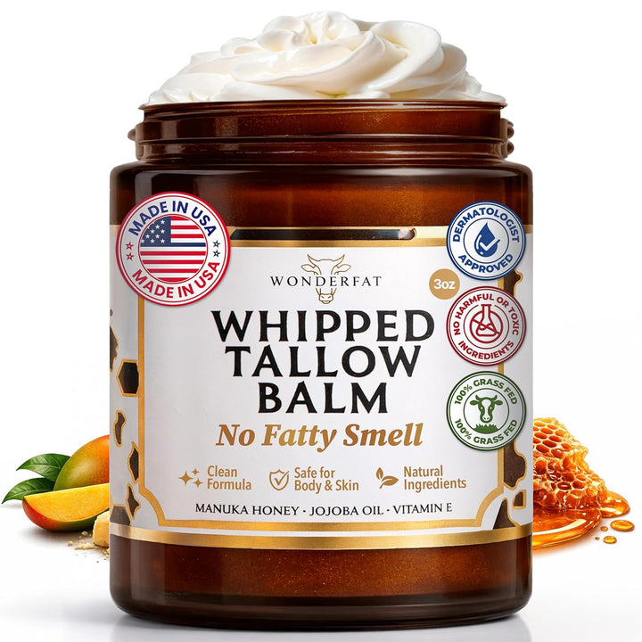 Grass-Fed Whipped Tallow Balm, Face and Body Moisturizer with Manuka Honey, Fragrance Free Tallow Moisturizer for Sensitive Skin, Beef tallow for skin, Lightweight Tallow Cream, 3 oz