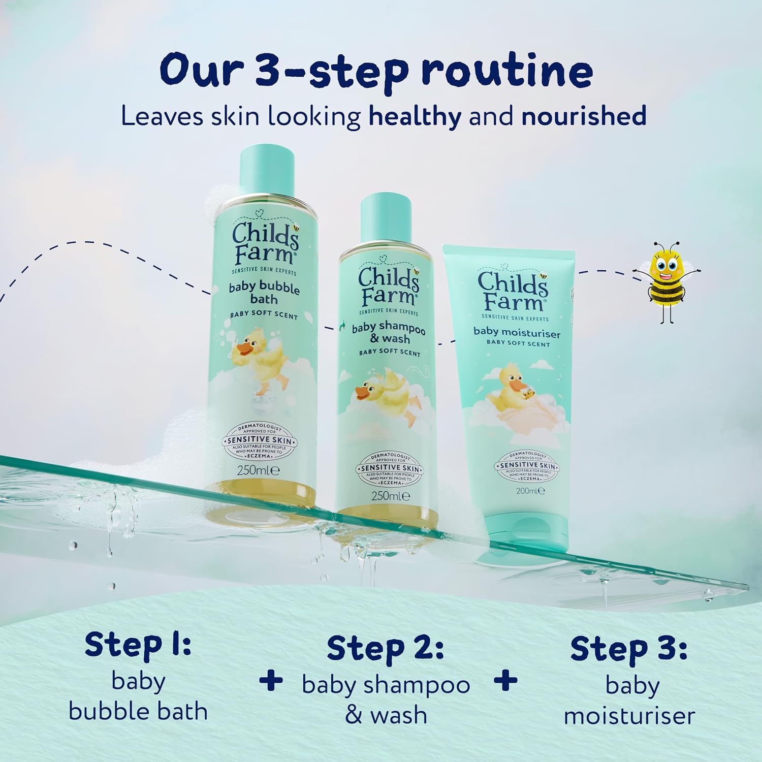 Childs Farm Baby Regime Bundle | Bubble Bath (250ml), Shampoo & Body Wash (250ml) and Body Moisturiser (200ml) | Baby Soft Scent | Suitable for Newborns with Sensitive, Dry, Itchy Skin