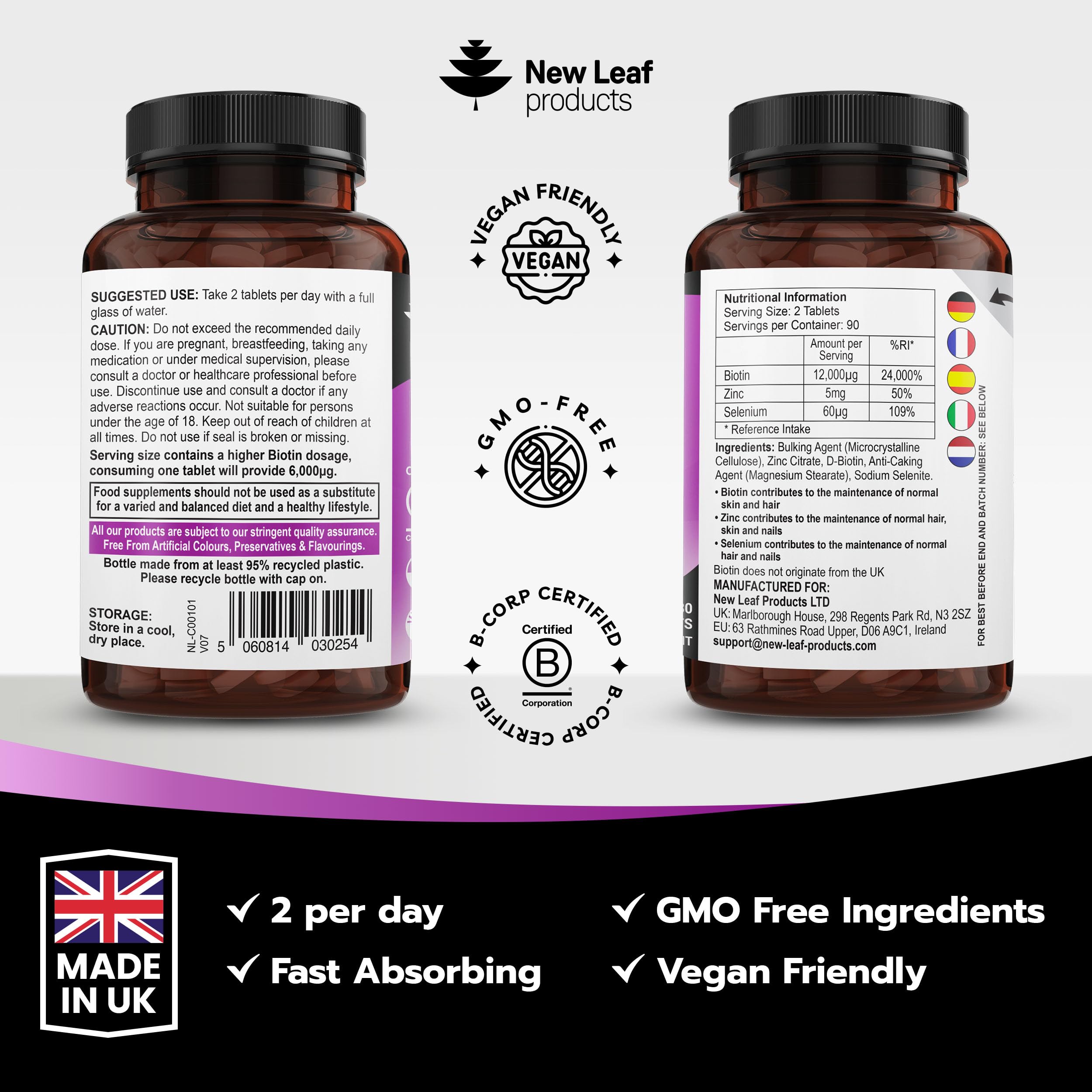 Biotin Hair Growth Vitamins 12,000mcg D-Biotin Tablets Enriched with Zinc & Selenium –Vegan Beauty Hair Skin & Nails Vitamins for Women and Men High Strength - 3 Months Supply UK Made - New Leaf