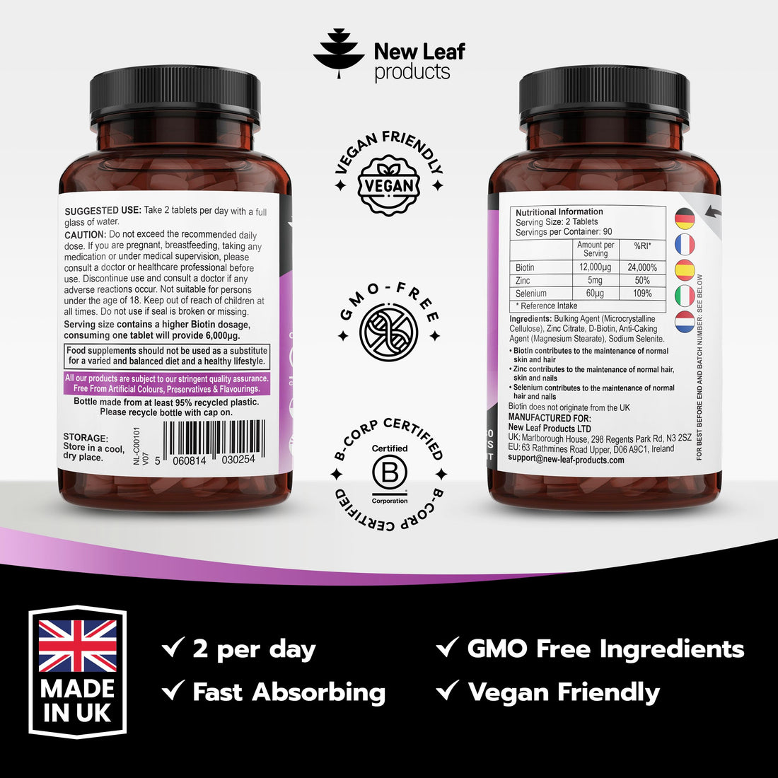 Biotin Hair Growth Vitamins 12,000mcg D-Biotin Tablets Enriched with Zinc & Selenium –Vegan Beauty Hair Skin & Nails Vitamins for Women and Men High Strength - 3 Months Supply UK Made - New Leaf