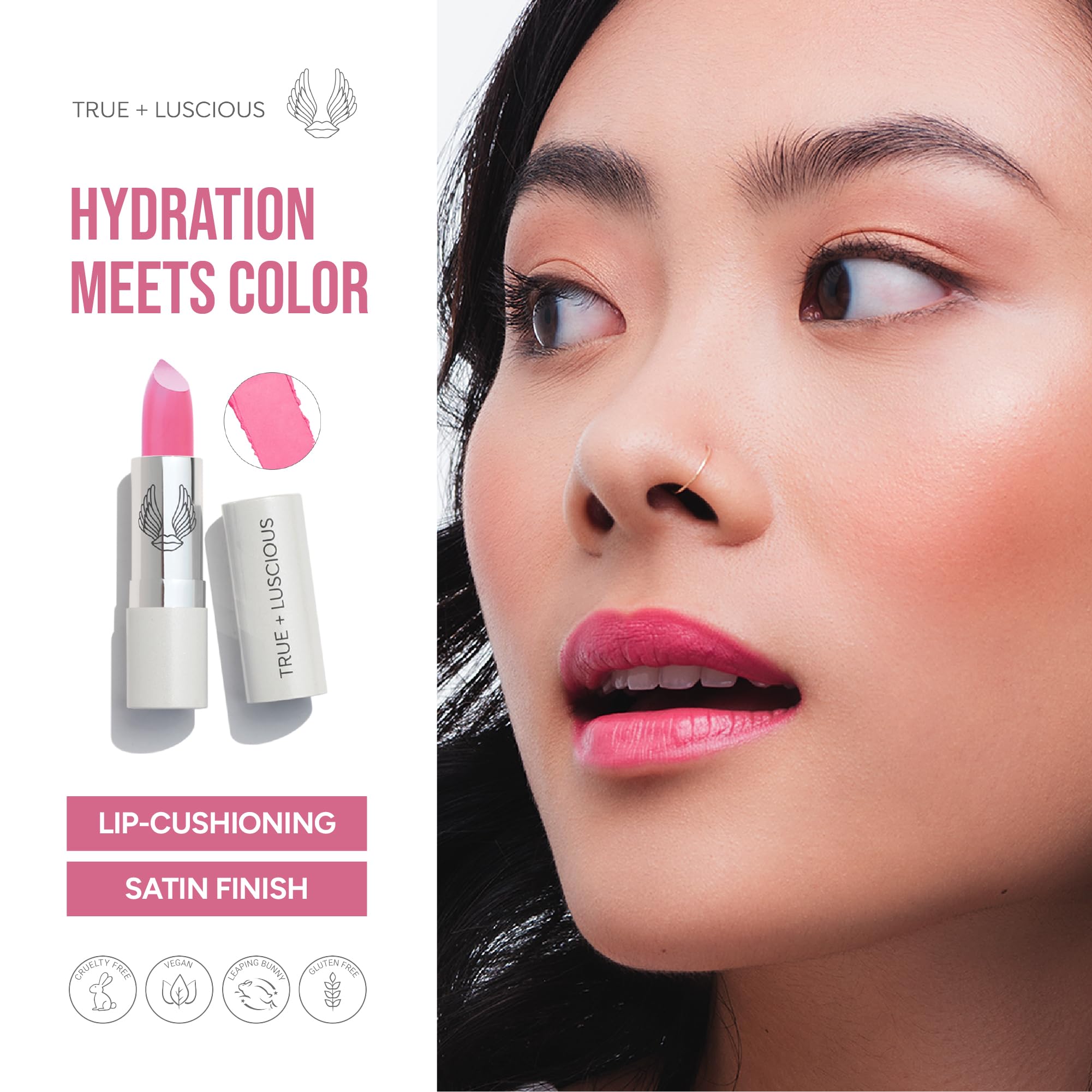 True + Luscious Super Moisture Lipstick | Sheer Cream Lip Color for Lasting Hydration | Hyaluronic Acid Konjac Root Powder | Vegan Cruelty-Free Gluten-Free Flatters All Skin Tones | Pink Sugar