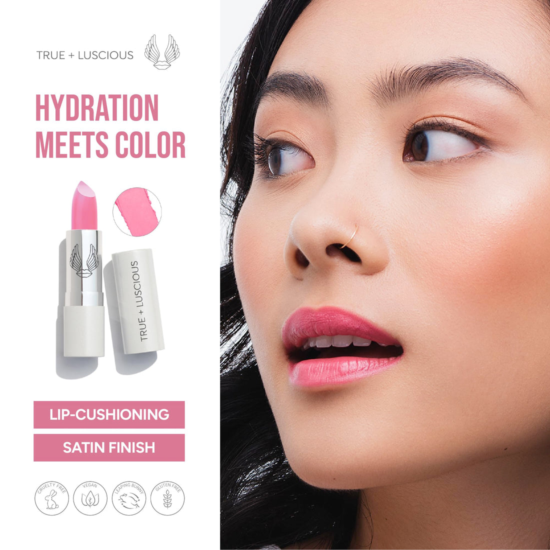 True + Luscious Super Moisture Lipstick | Sheer Cream Lip Color for Lasting Hydration | Hyaluronic Acid Konjac Root Powder | Vegan Cruelty-Free Gluten-Free Flatters All Skin Tones | Pink Sugar