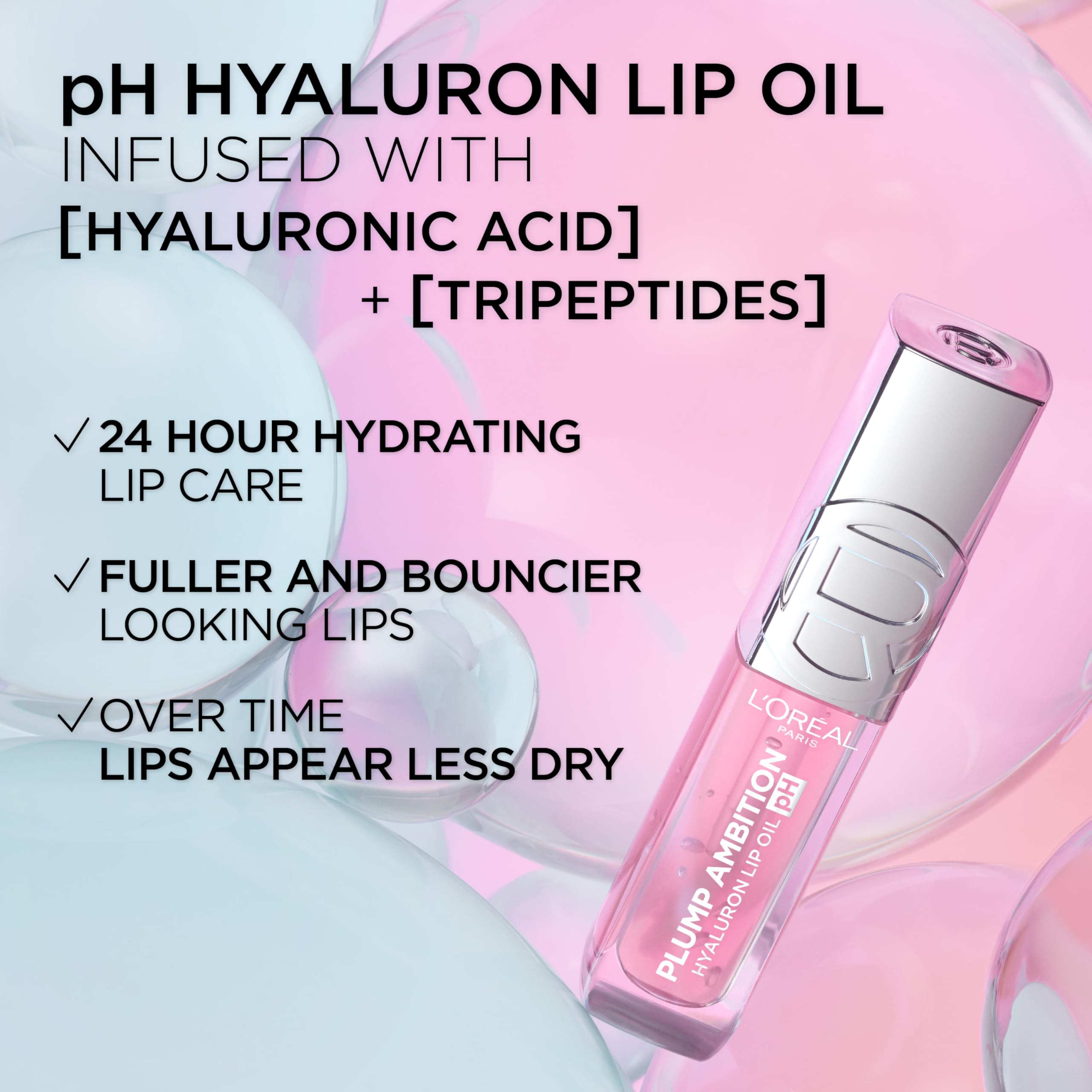 L'Oreal Paris Plump Ambition pH Hyaluron Lip Oil, Color Shifting Lip Tint with 24HR Hydration, Volumizing Shine and Lasting Color, 020 pH Rosé Halalzen