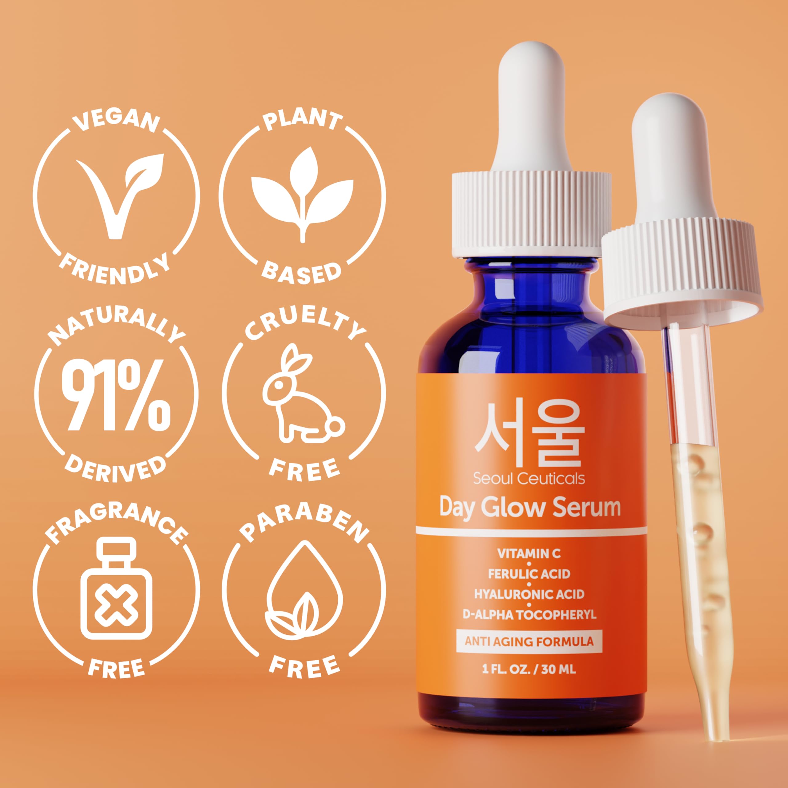 SeoulCeuticals Korean Skin Care 20% Vitamin C Hyaluronic Acid Serum + CE Ferulic Acid - Potent Anti Aging, Anti Wrinkle Korean Beauty 1oz Halalzen