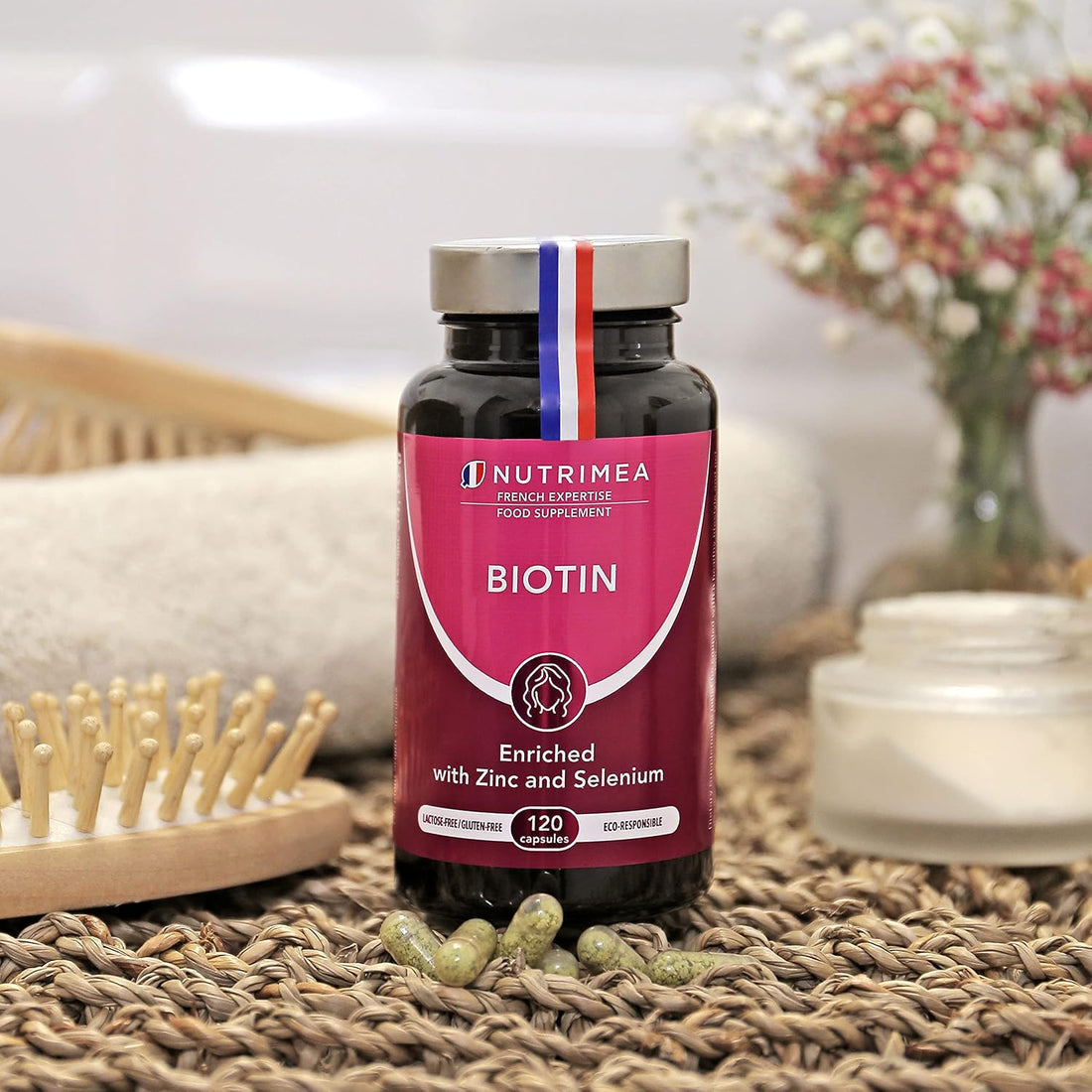 Biotin Hair & Nail Growth Supplement - Enriched with Zinc & Selenium - Contributes to Skin Care - 120 Vegan Capsules - French Expertise