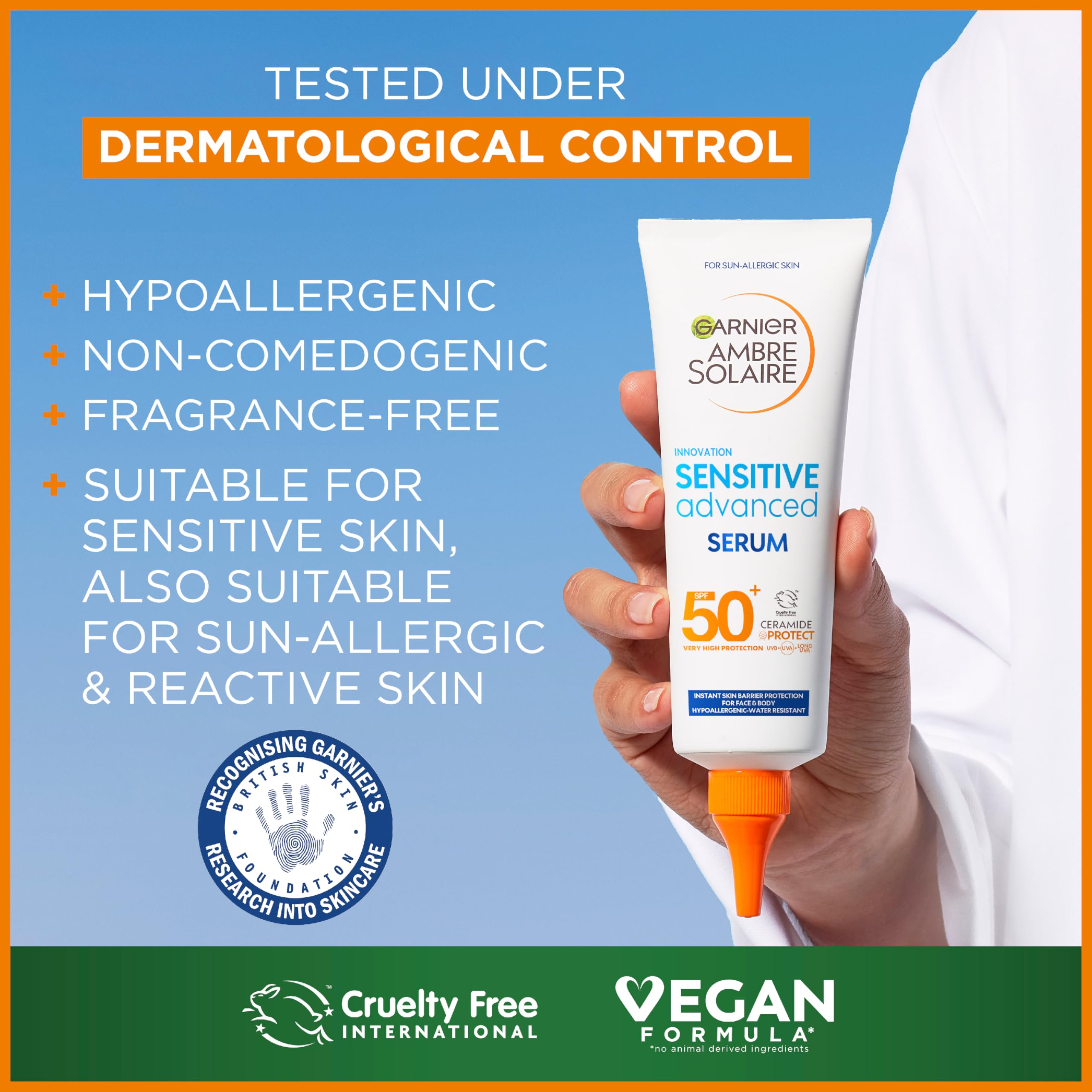 Garnier Ambre Solaire Sun Cream Spray SPF50+ Sensitive Advanced Sunscreen, Factor 50, Water Resistant, Non-Greasy, Fragrance-Free, Hypoallergenic, UVA UVB Protect with Ceramide, 150ml