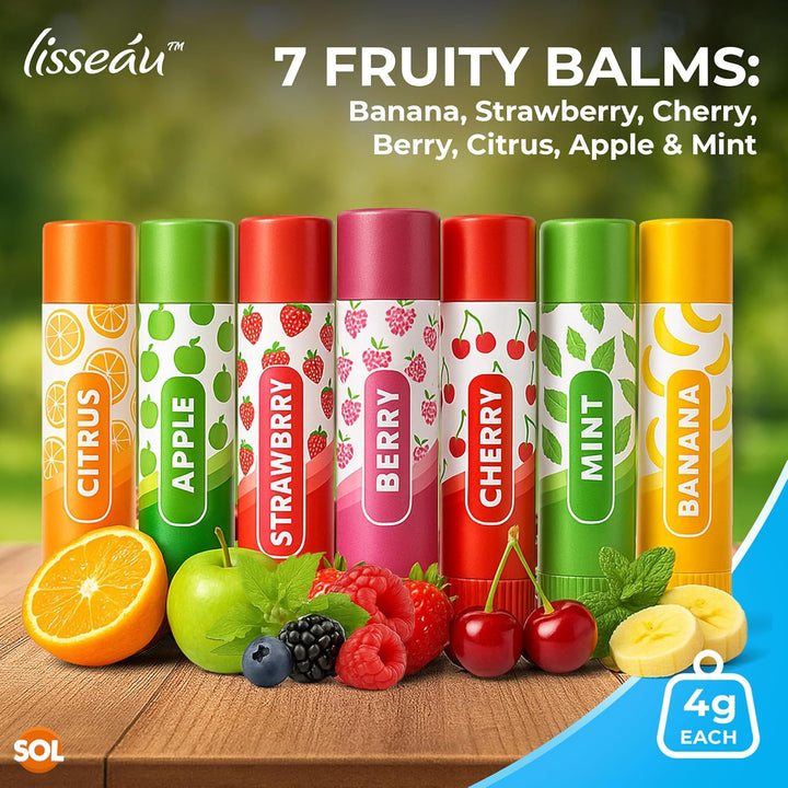 SOL 7pk Womens Lip Balm Set Flavoured Moisturiser for with Beeswax & Vitamin E - Fruit Lipbalm for Girls and Teens, Moisturising Balms Multipack Sticks for Dry and Chapped Lips for Daily Use & Gifting